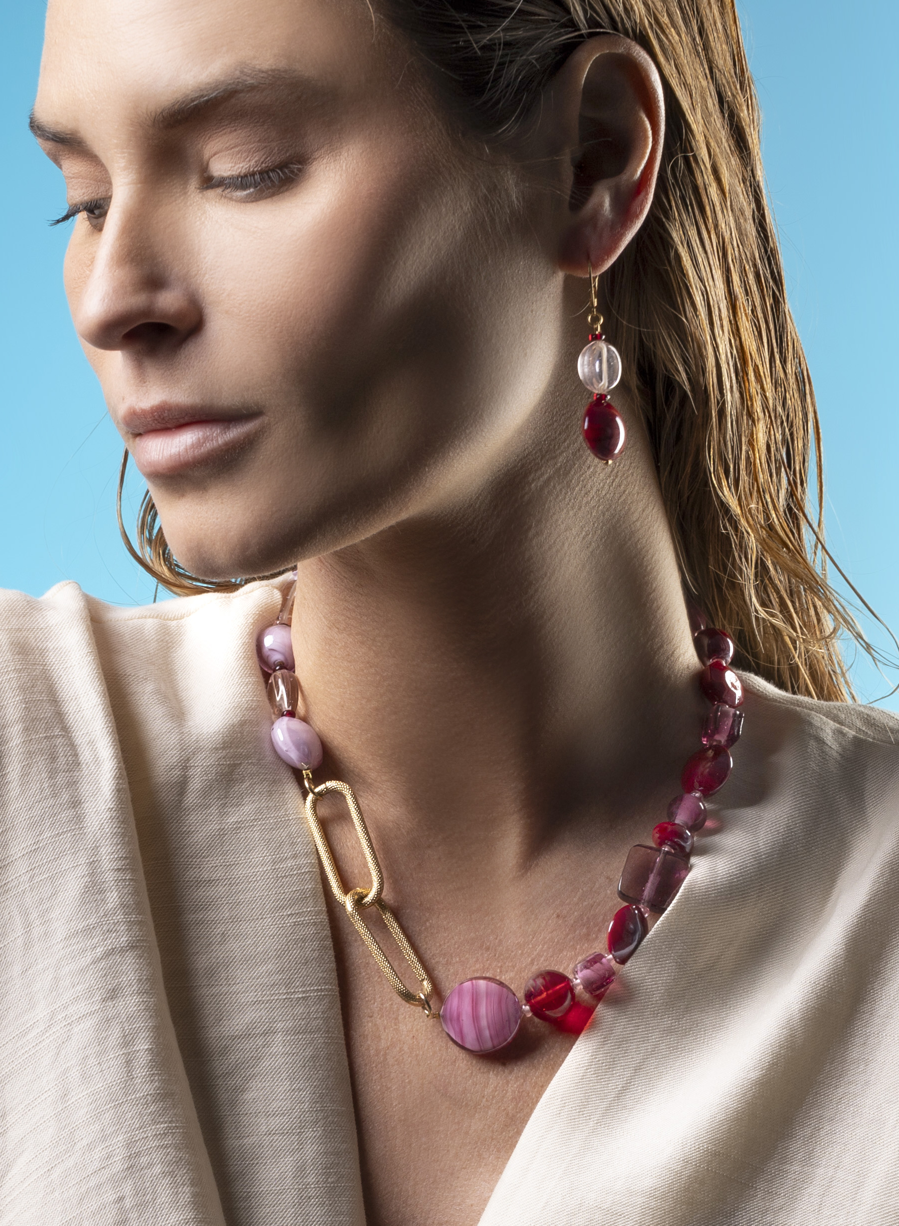 Murano glass jewelry handcrafted in Venice Italy – Breeze Collection necklace and earrings in soft pastel tones