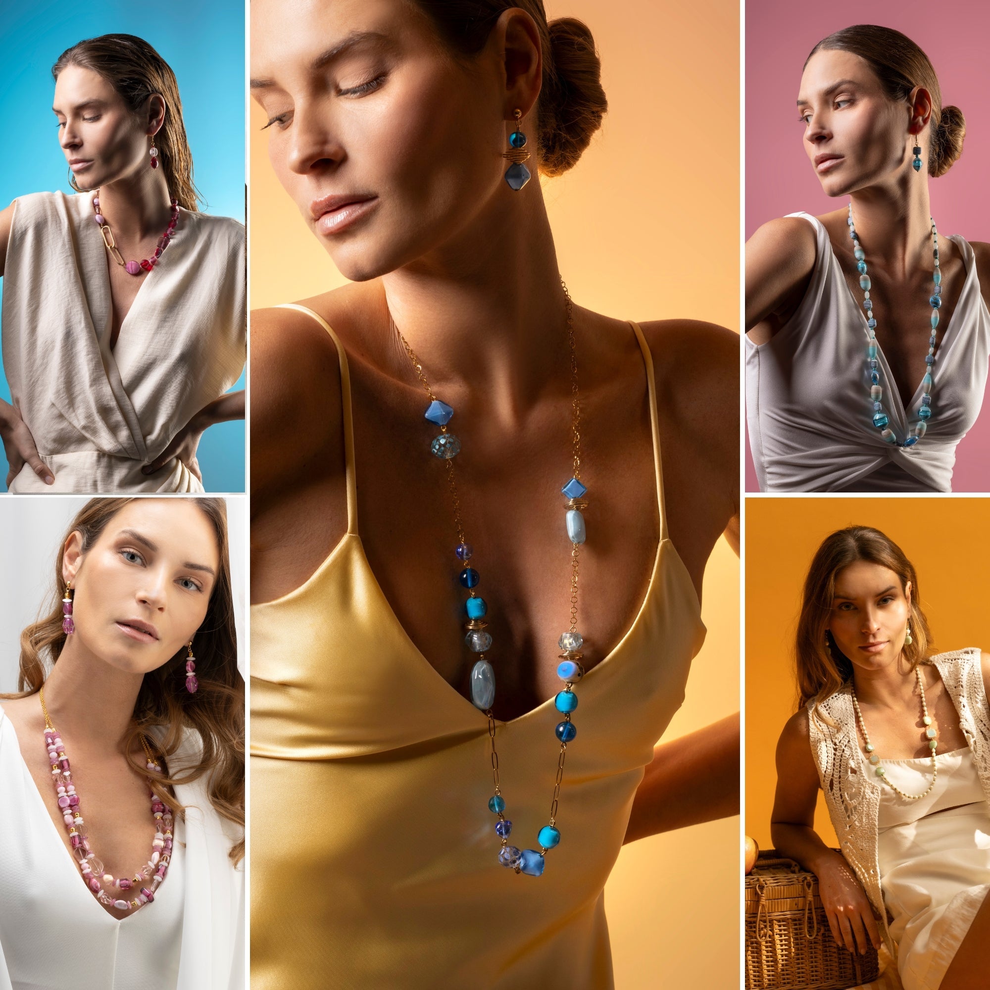 Murano glass jewelry handcrafted in Venice Italy – Spring 2026 collection featuring necklaces and earrings in vibrant and pastel tones