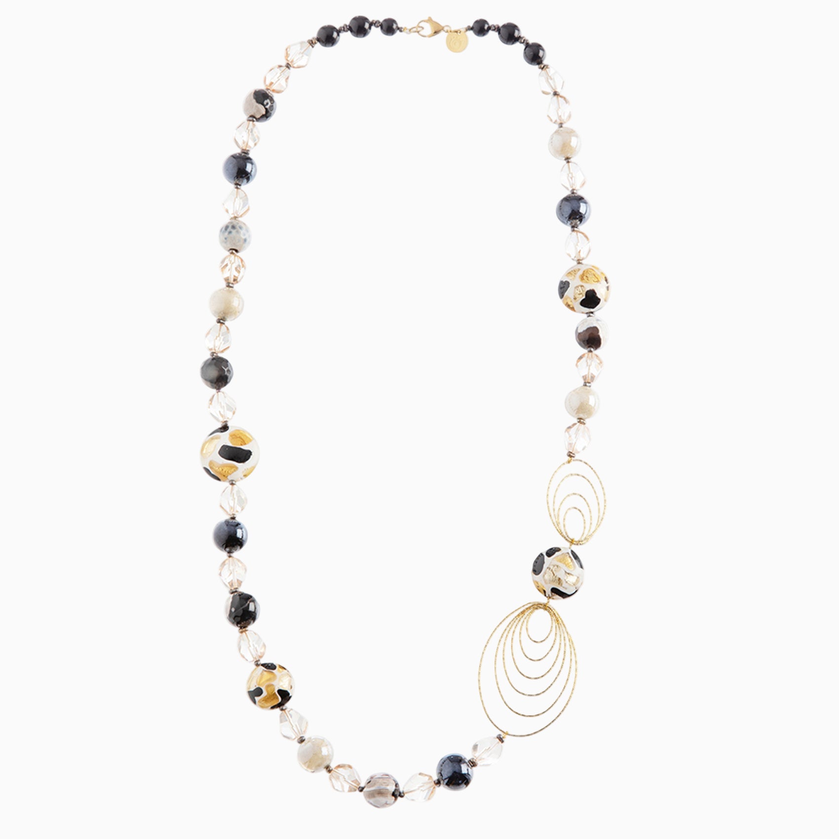 Murano glass opera necklace, Rhodium Finish over Bronze and stainless steel – Aura Collection, Made in Italy