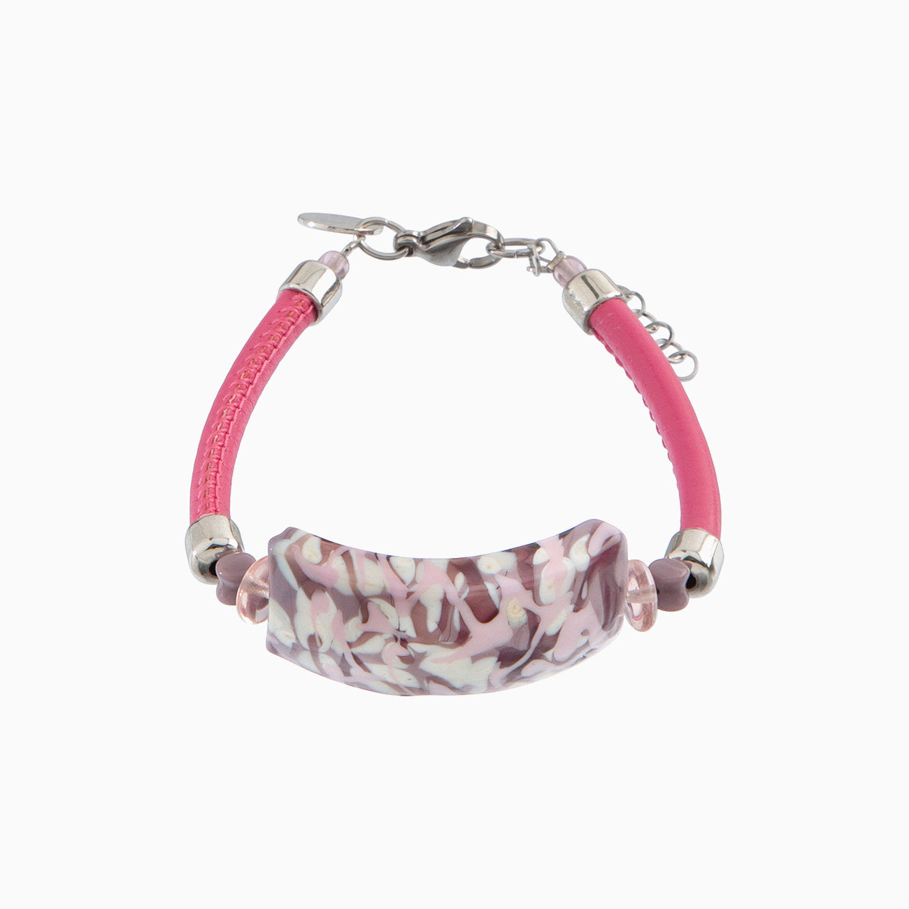 Murano glass bracelet with leather, Rhodium Finish over Brass and Stainless Steel – Tasnim Collection