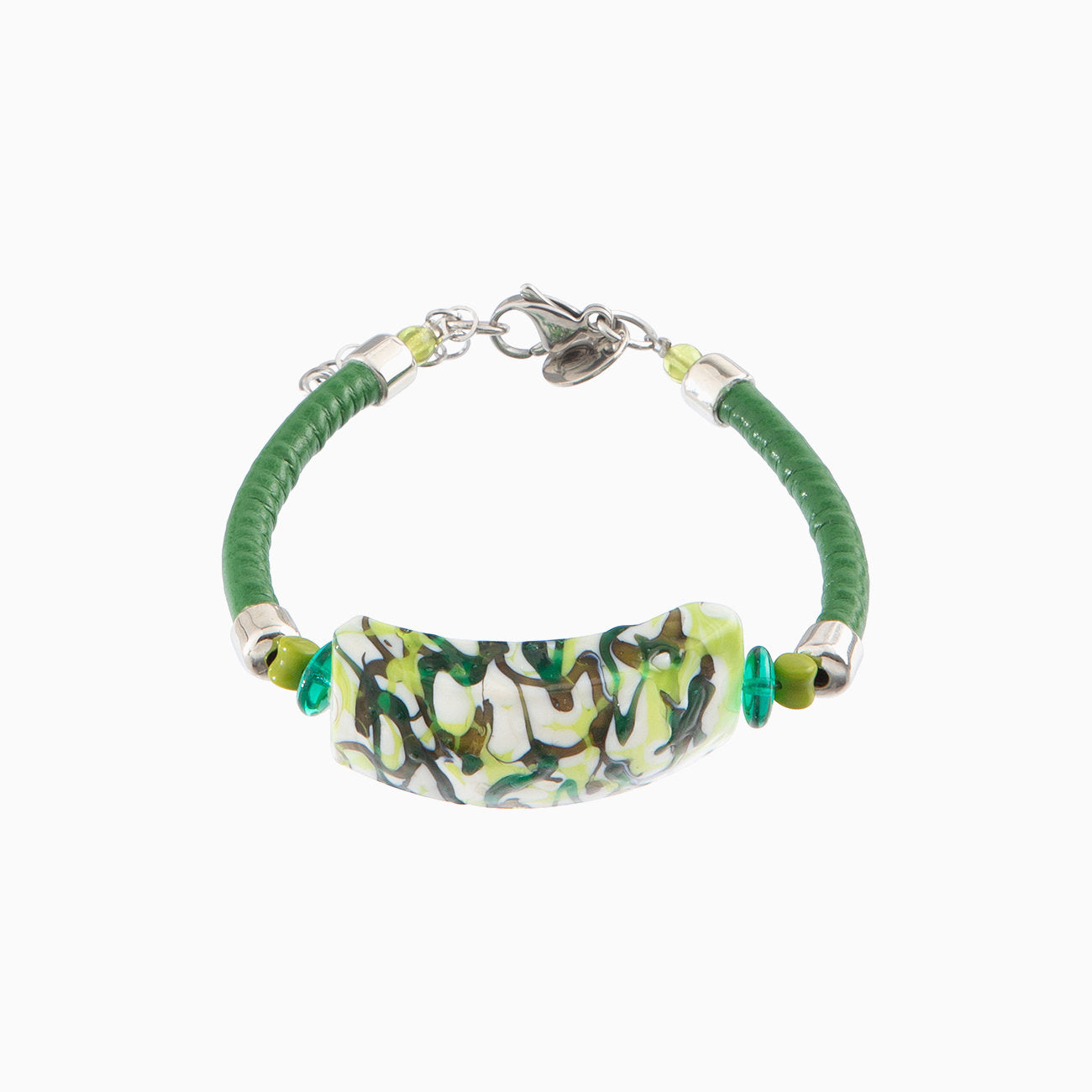 Murano glass bracelet with leather, Rhodium Finish over Brass and Stainless Steel – Tasnim Collection