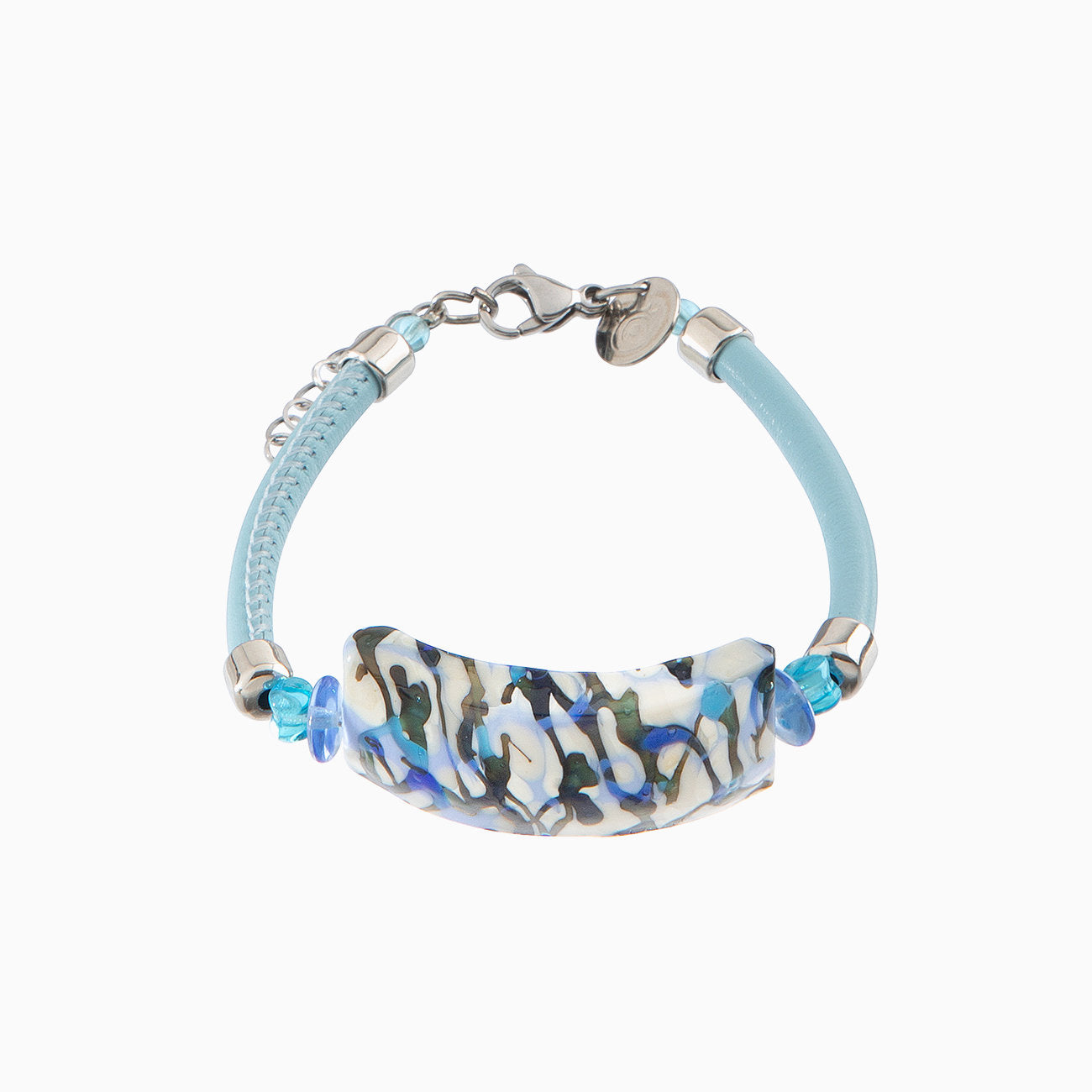 Murano glass bracelet with leather, Rhodium Finish over Brass and Stainless Steel – Tasnim Collection