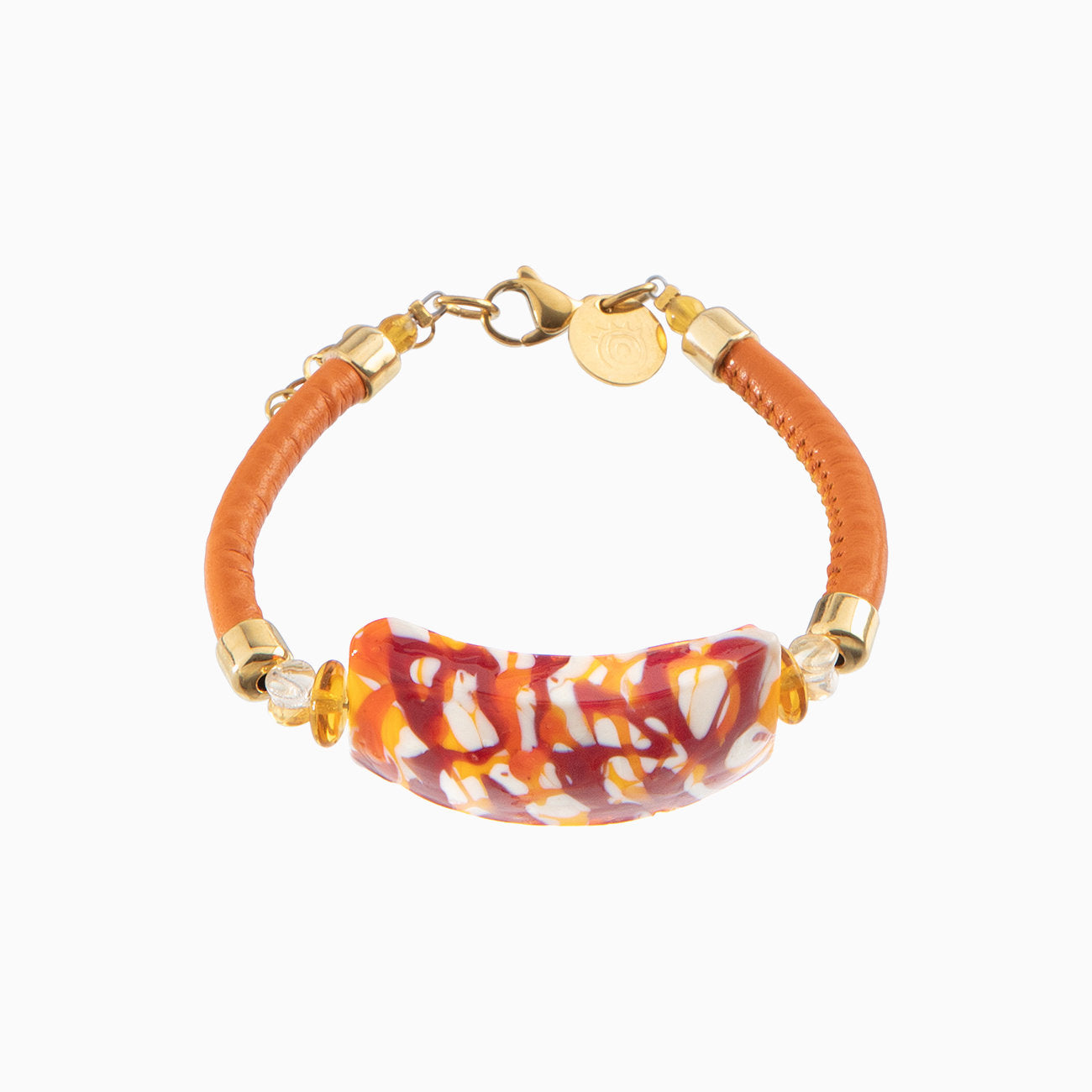 Murano glass bracelet with leather, 18KT Gold Finish over Brass and Stainless Steel – Tasnim Collection
