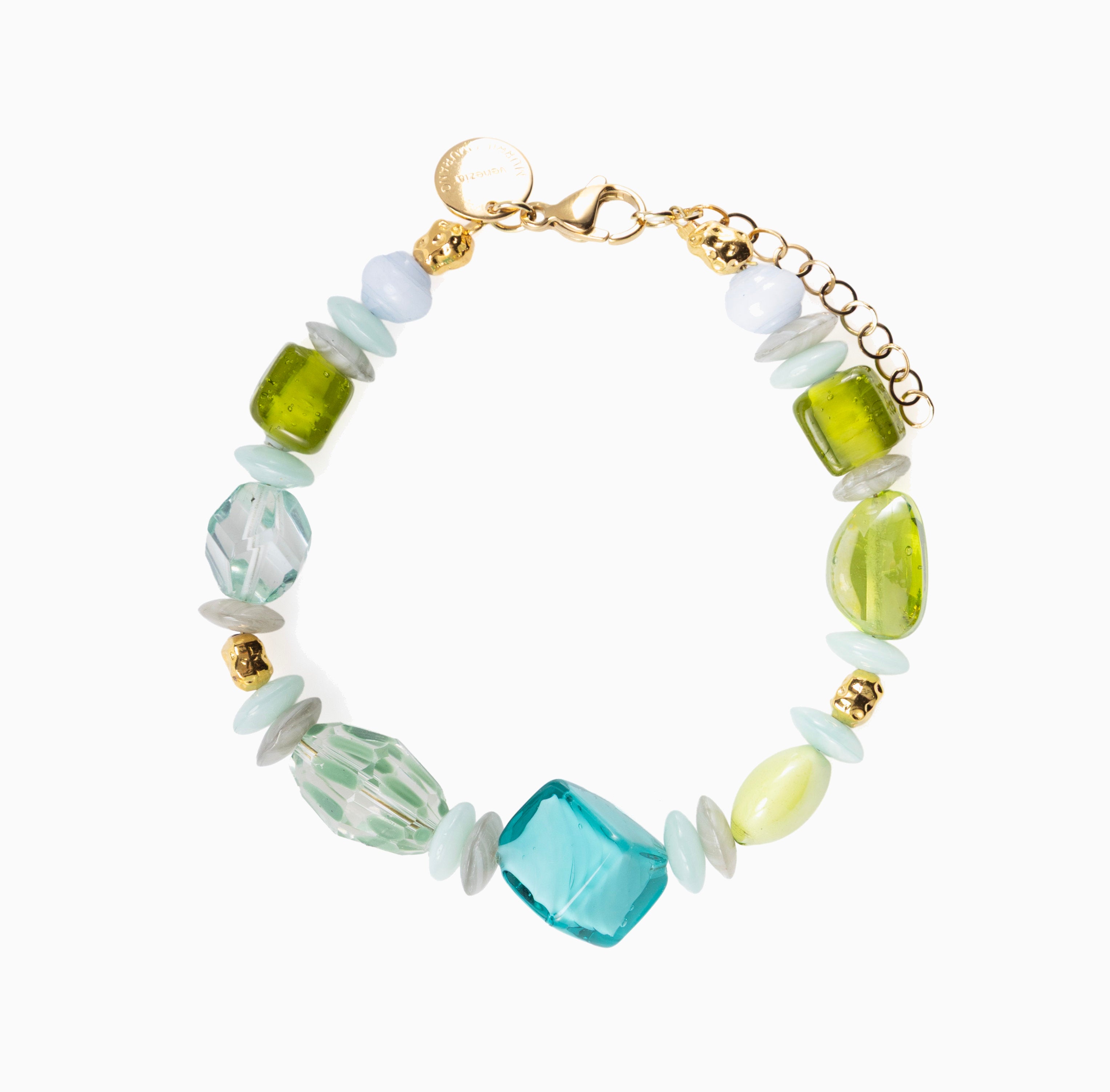 Evoque Murano glass bracelet with brass elements and stainless steel components, adjustable 7.5 inches with extension, handcrafted in Venice, Italy.