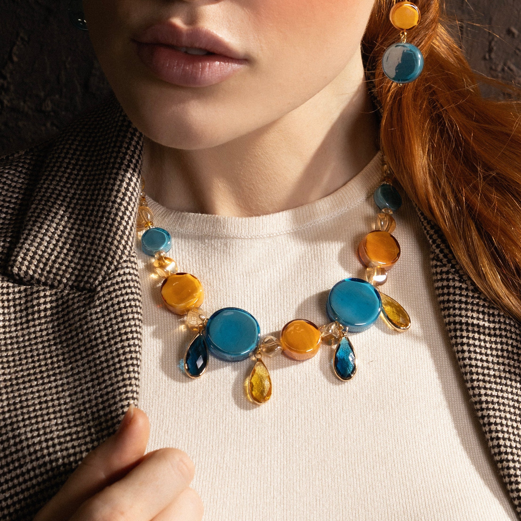 Edge Choker Necklace with blue and orange Murano glass elements and faceted crystal drops, 18KT gold finish over brass, handcrafted in Italy.