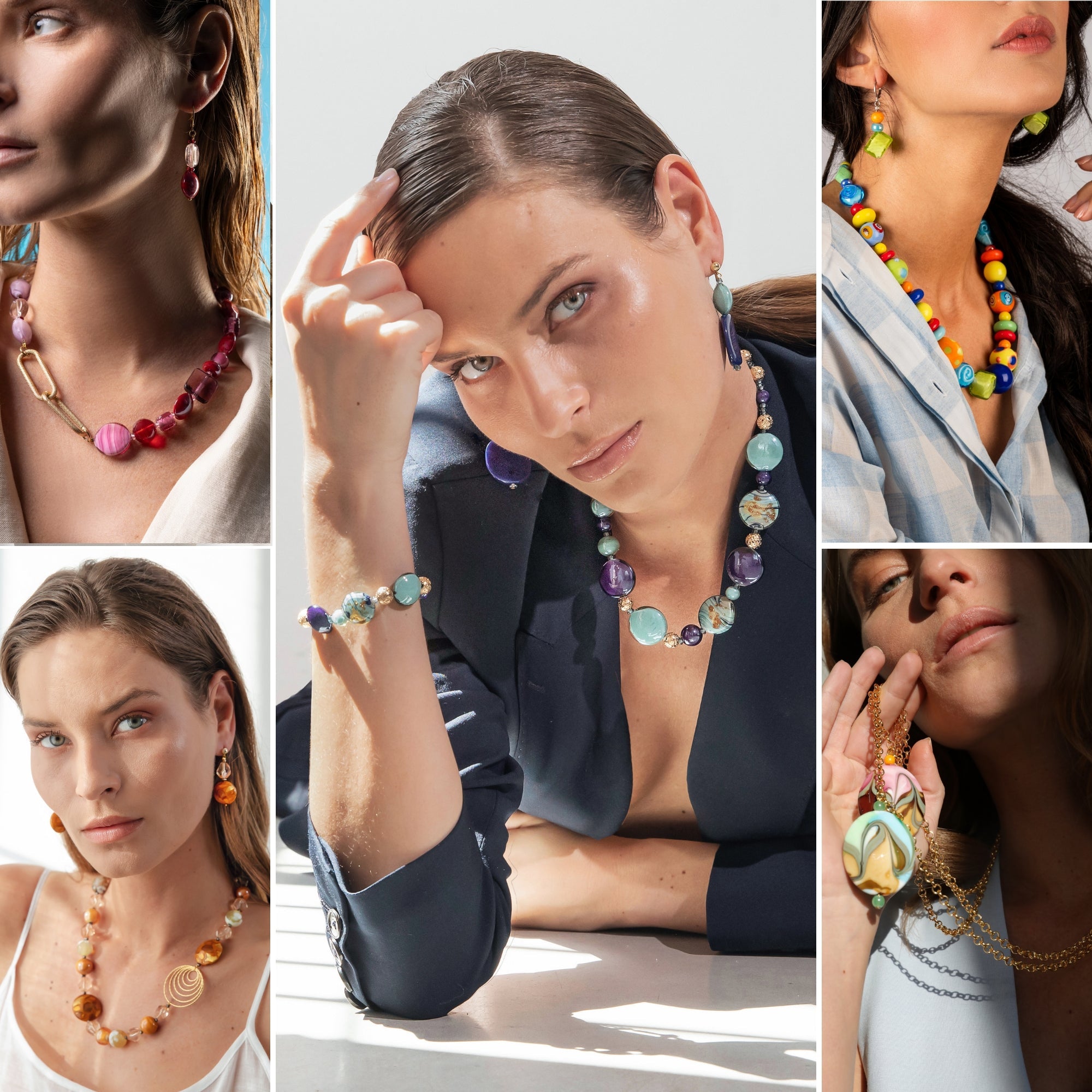 Murano glass jewelry handcrafted in Venice Italy – Spring 2026 collection featuring necklaces and earrings in vibrant and pastel tones