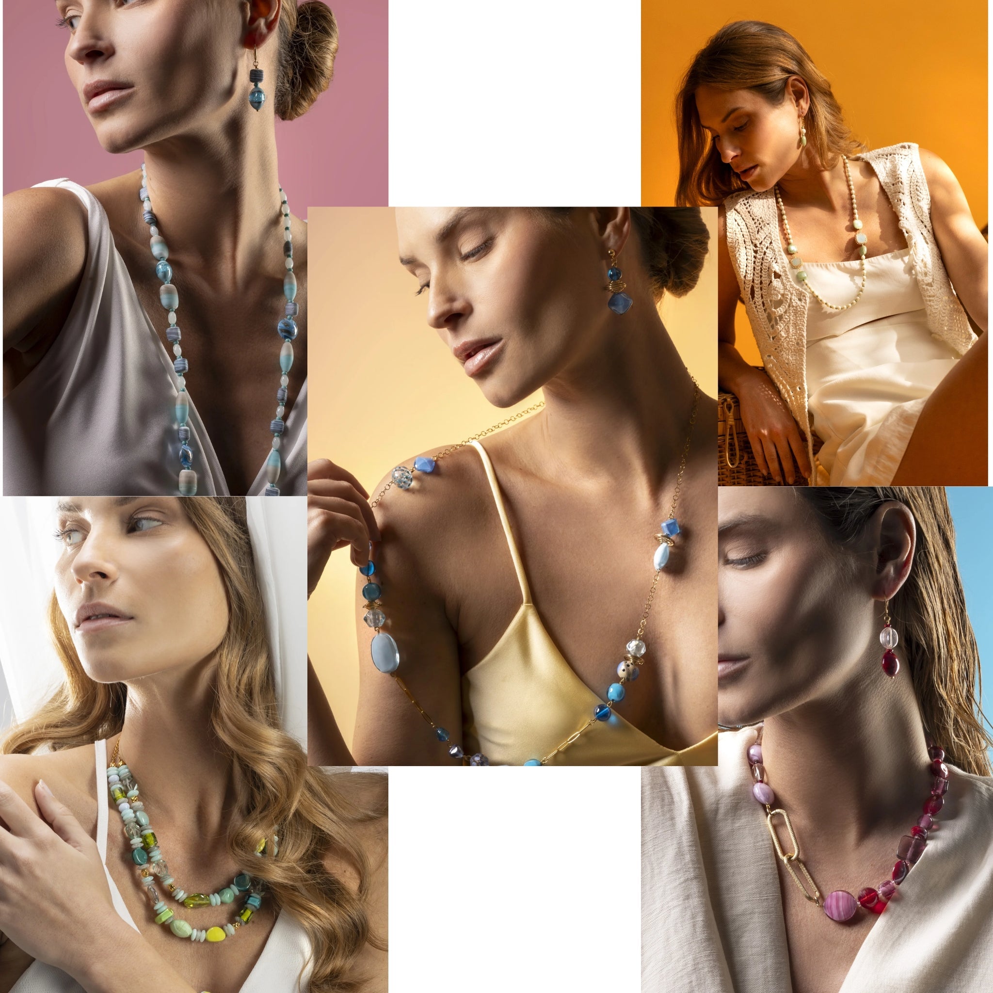 Murano glass jewelry handcrafted in Venice Italy – Spring 2026 collection featuring necklaces and earrings in vibrant and pastel tones