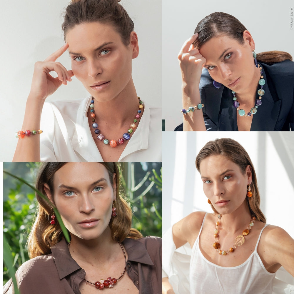 Handcrafted Murano glass jewelry collection made in Venice Italy featuring necklaces bracelets earrings and rings