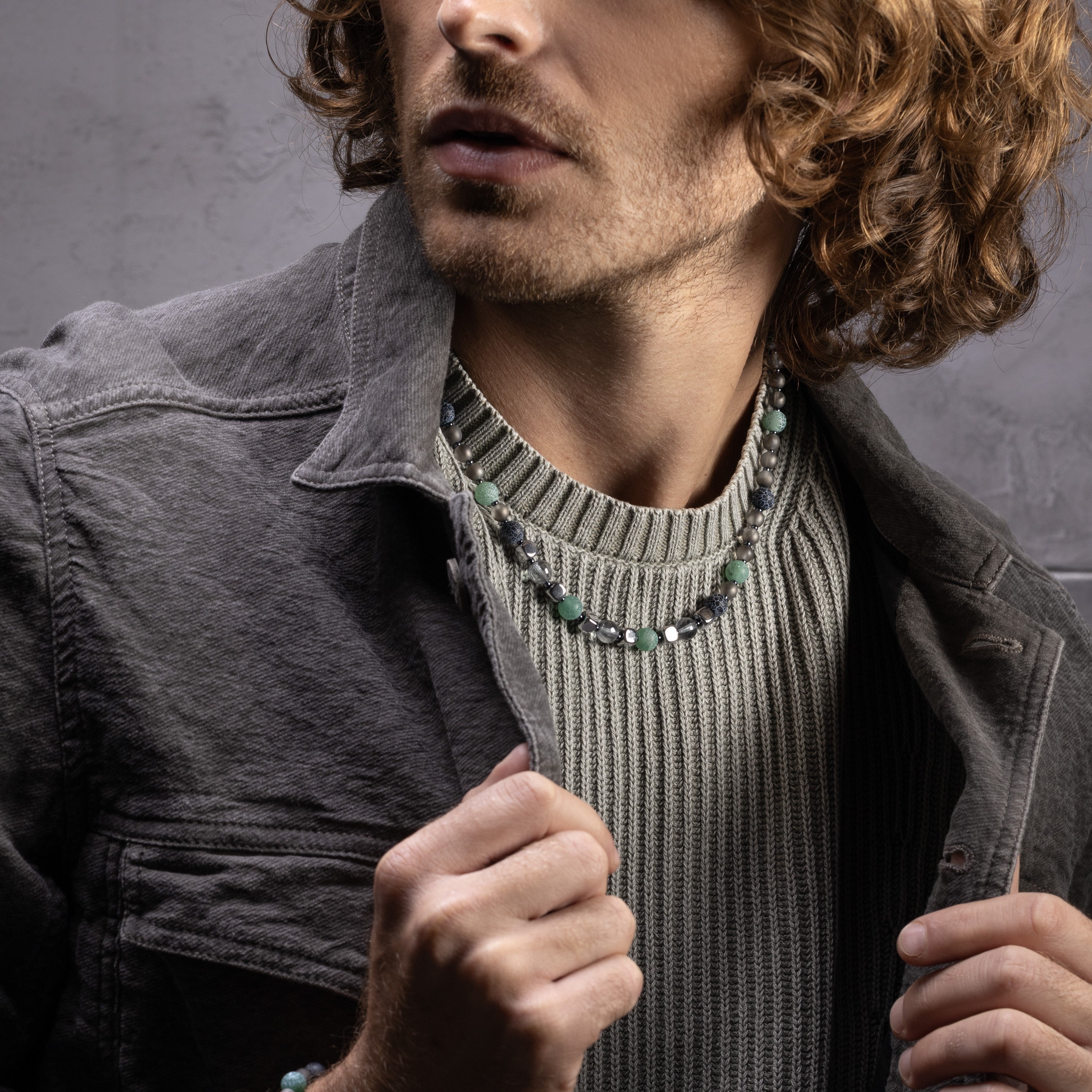 Babich men’s necklace with agate and hematite stones, stainless steel and brass elements, 19.7 inches length, contemporary Italian design.