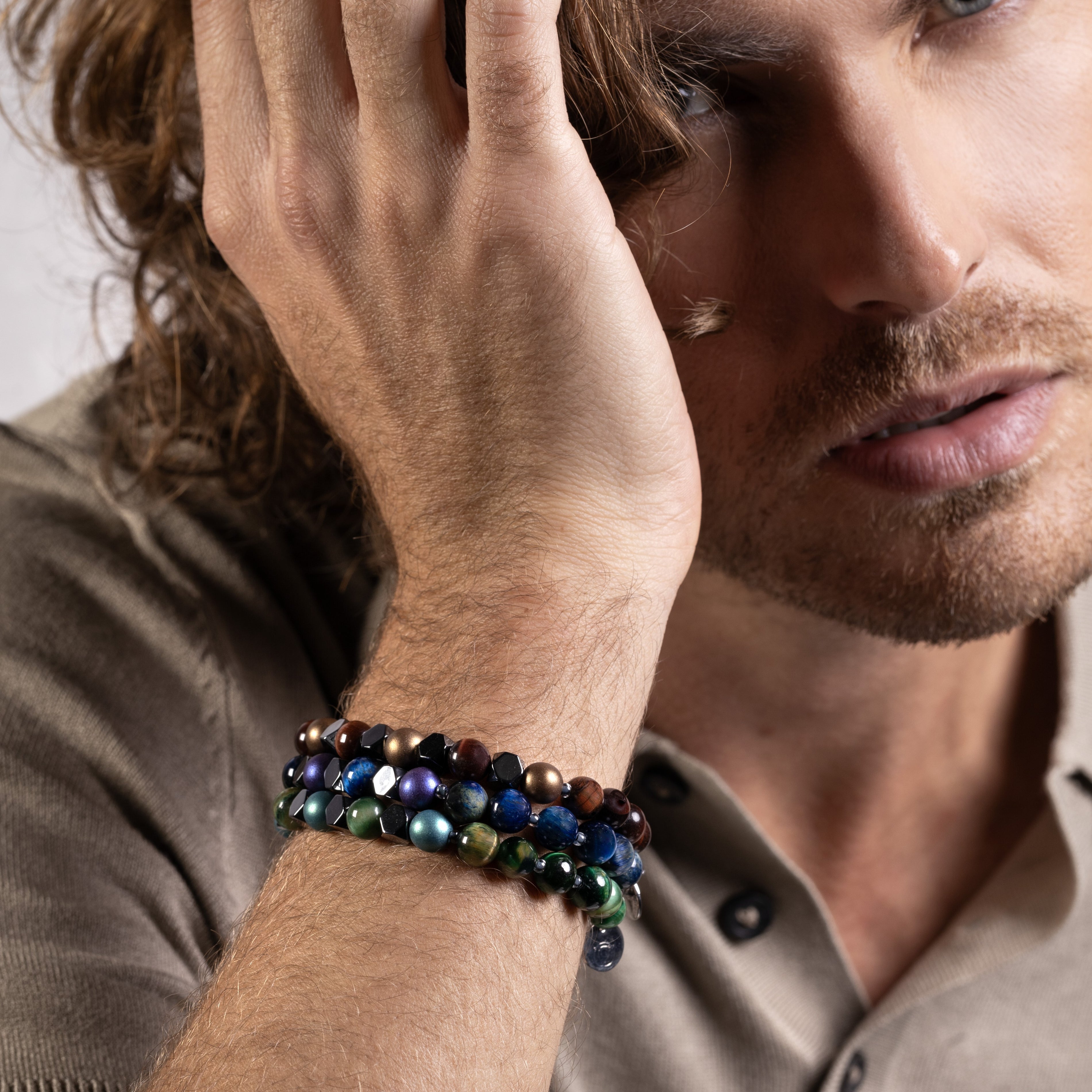 Ciro Collection men's bracelet with Tiger Eye, Hematite and stainless steel, 20 cm length, contemporary Italian design.