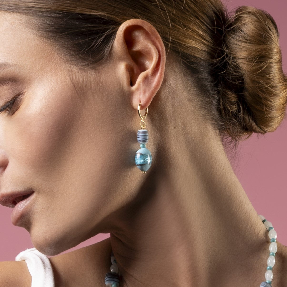 Blush Murano glass drop earrings with 18KT Gold Finish over brass and steel components, 2 inches long, handcrafted in Venice, Italy.