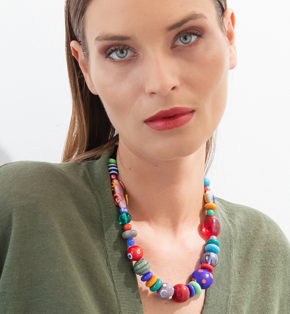 Colorful Murano glass bead necklace with gold-finish clasp, handcrafted in Italy using traditional techniques