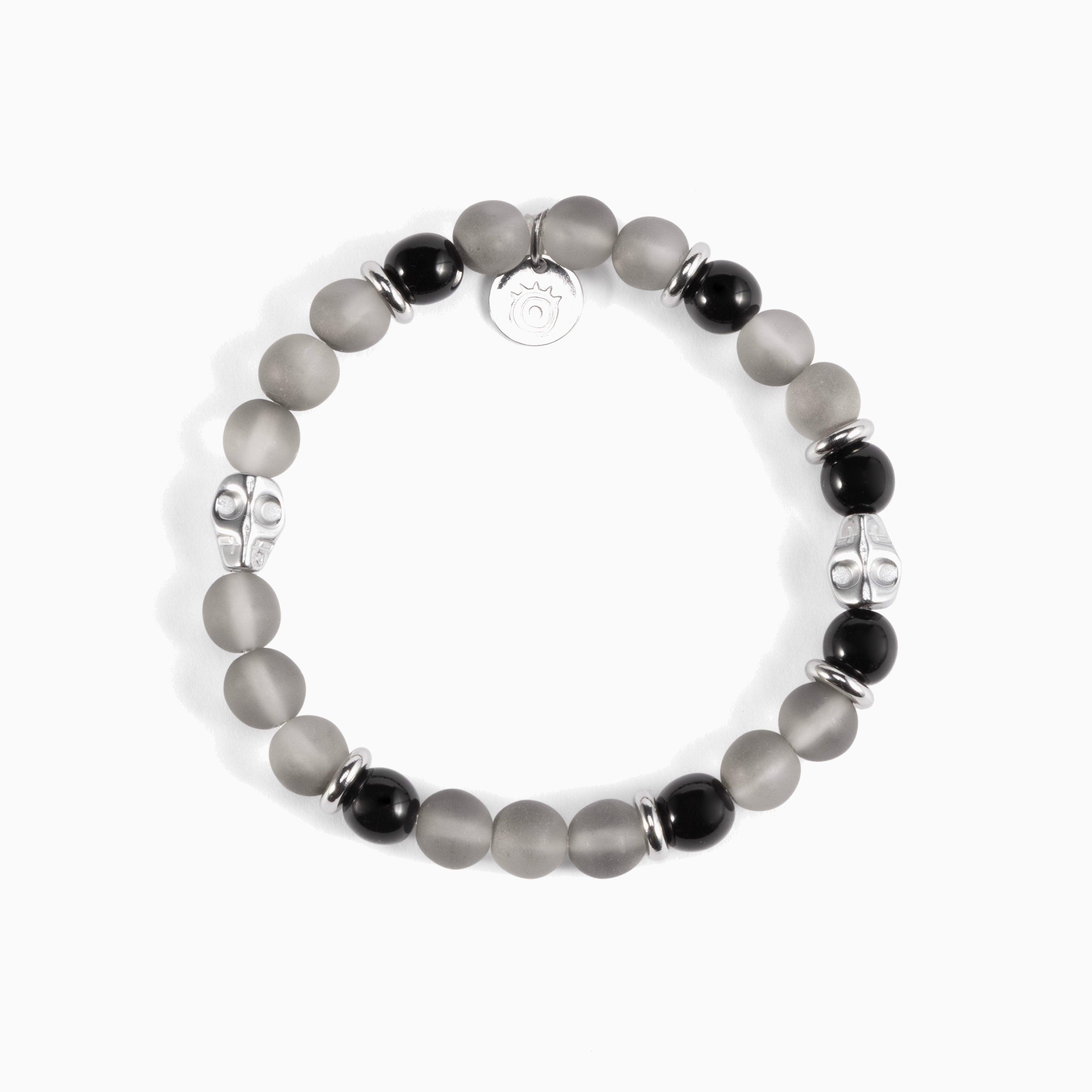 Batista men’s bracelet with tiger eye, malachite and glass beads, rhodium finish over stainless steel and brass, adjustable stretch fit, contemporary Italian design.