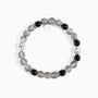 Batista men’s bracelet with tiger eye, malachite and glass beads, rhodium finish over stainless steel and brass, adjustable stretch fit, contemporary Italian design.