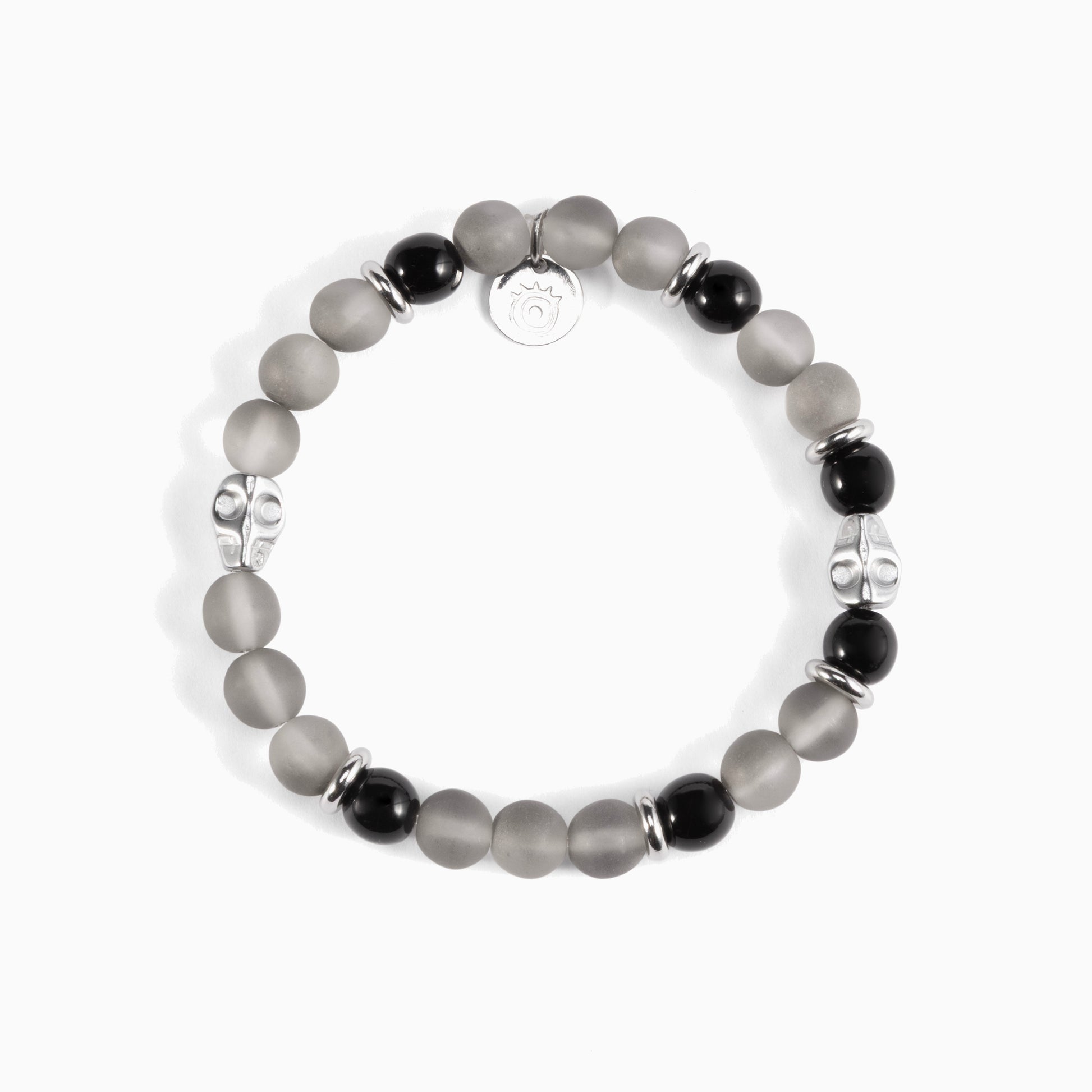 Batista men’s bracelet with tiger eye, malachite and glass beads, rhodium finish over stainless steel and brass, adjustable stretch fit, contemporary Italian design.