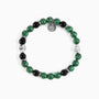 Batista men's bracelet with tiger eye, malachite and glass beads, rhodium finish over stainless steel and brass, adjustable stretch fit, contemporary Italian design — detail of the beads.