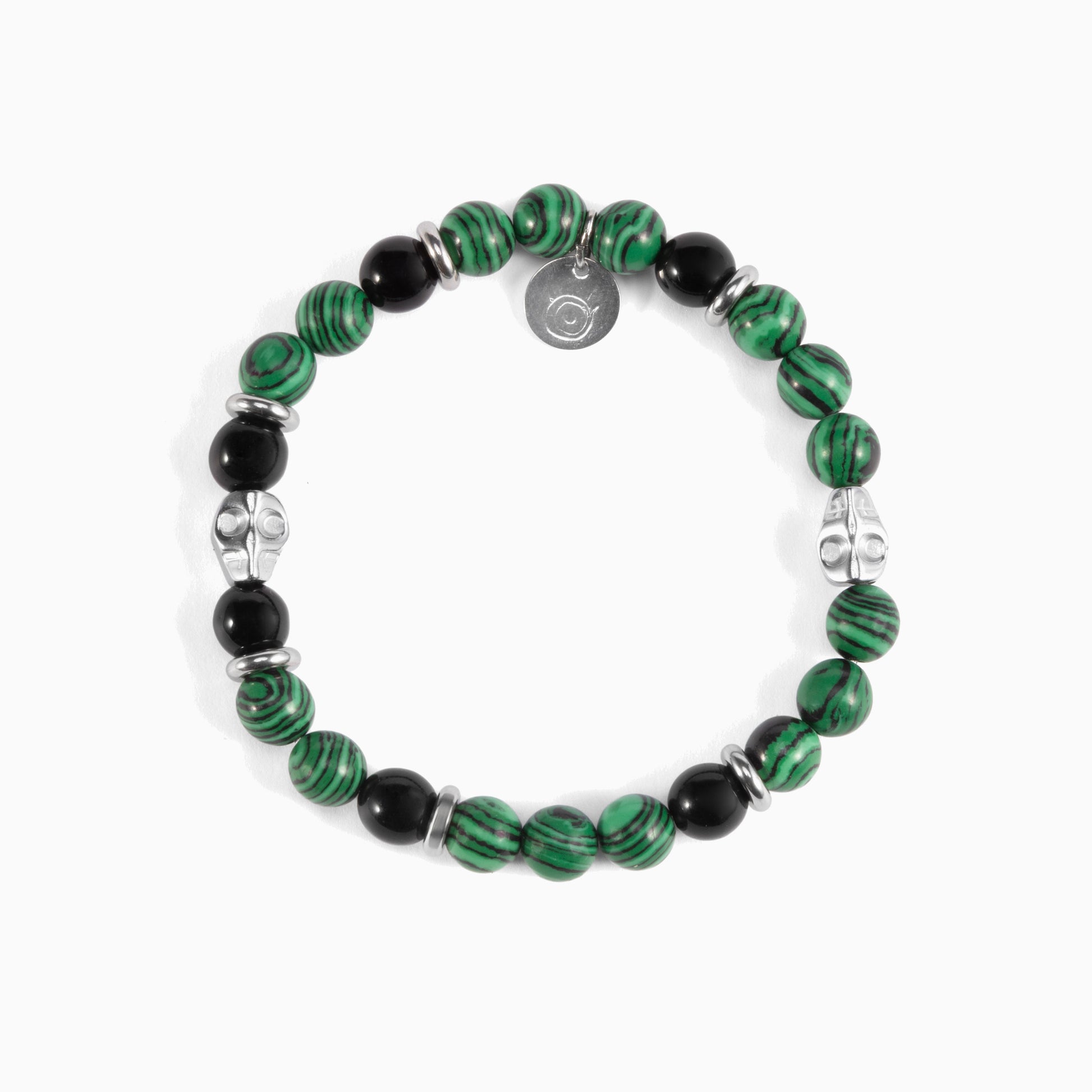 Batista men's bracelet with tiger eye, malachite and glass beads, rhodium finish over stainless steel and brass, adjustable stretch fit, contemporary Italian design — detail of the beads.