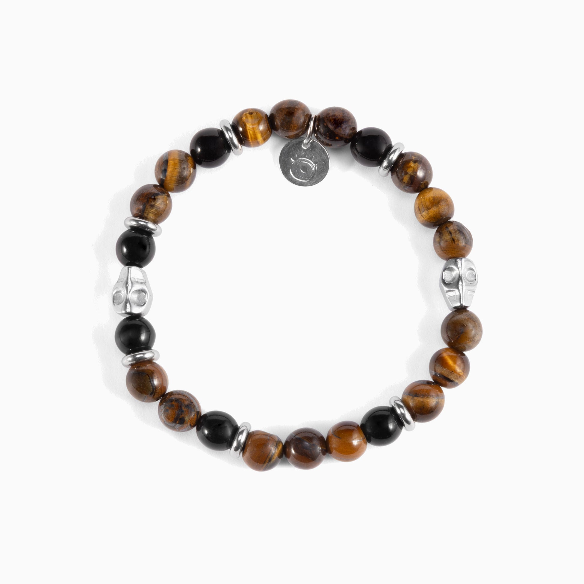 Batista men's bracelet with tiger eye, malachite and glass beads, rhodium finish over stainless steel and brass, adjustable stretch fit, contemporary Italian design — angled view.