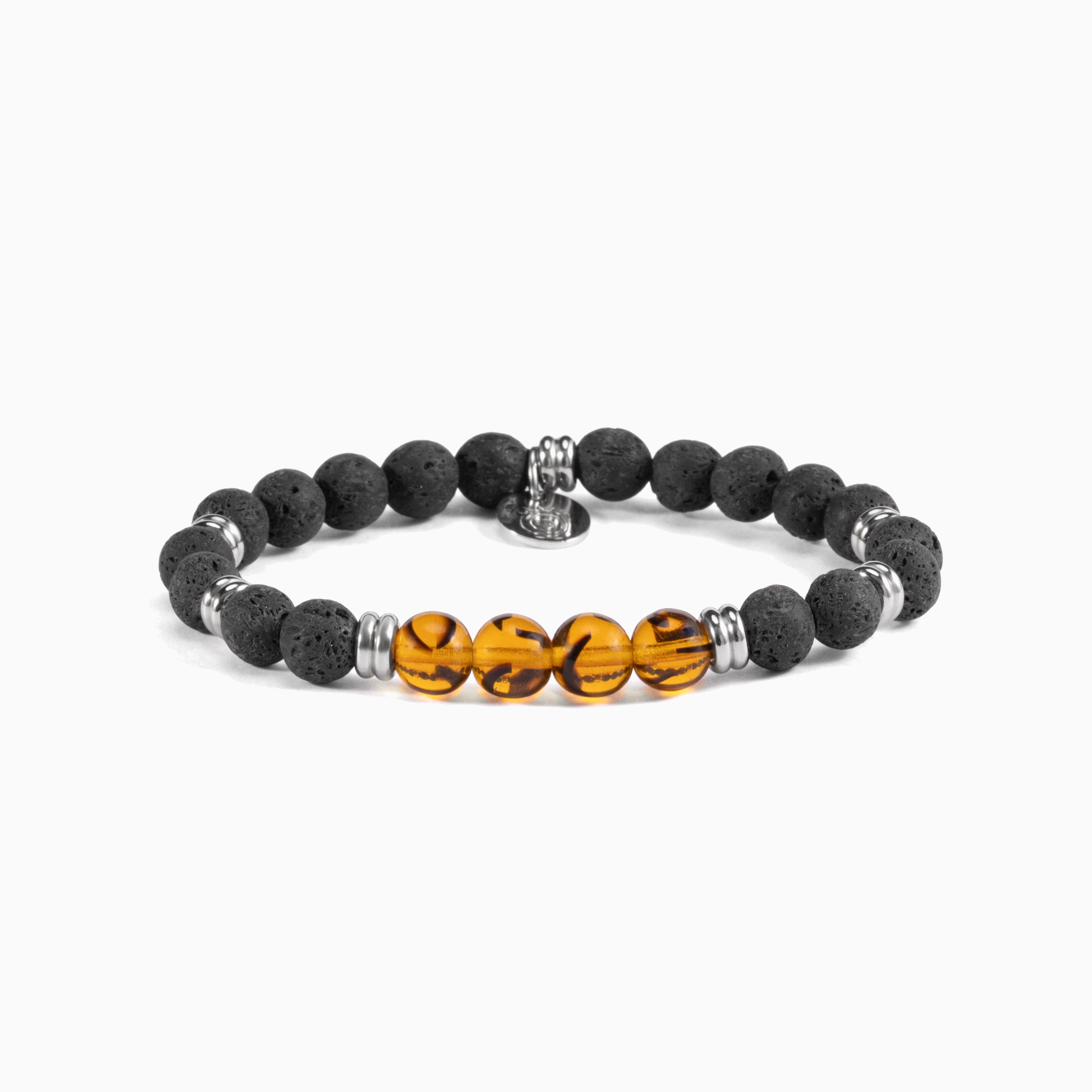 Etna Collection men’s bracelet with lava stone and agate beads, stainless steel and brass accents, adjustable fit, contemporary Italian design.