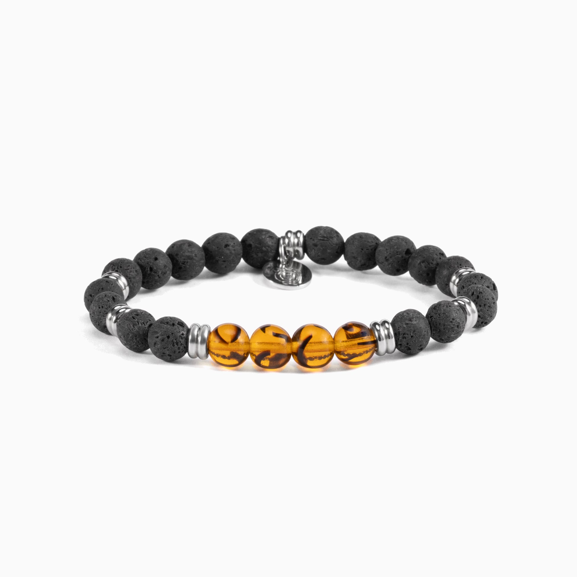 Etna Collection men’s bracelet with lava stone and agate beads, stainless steel and brass accents, adjustable fit, contemporary Italian design.
