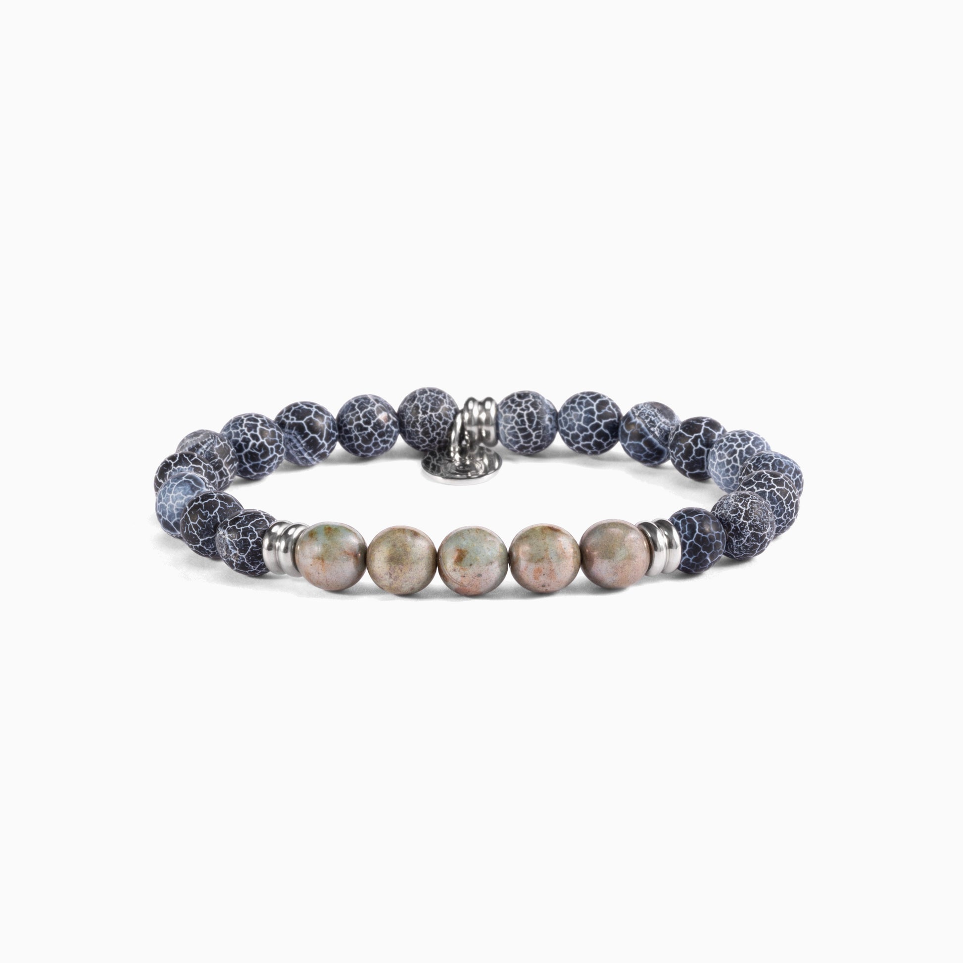 Etna Collection men's bracelet with lava stone and agate beads, stainless steel and brass accents, adjustable fit, contemporary Italian design — angled view.