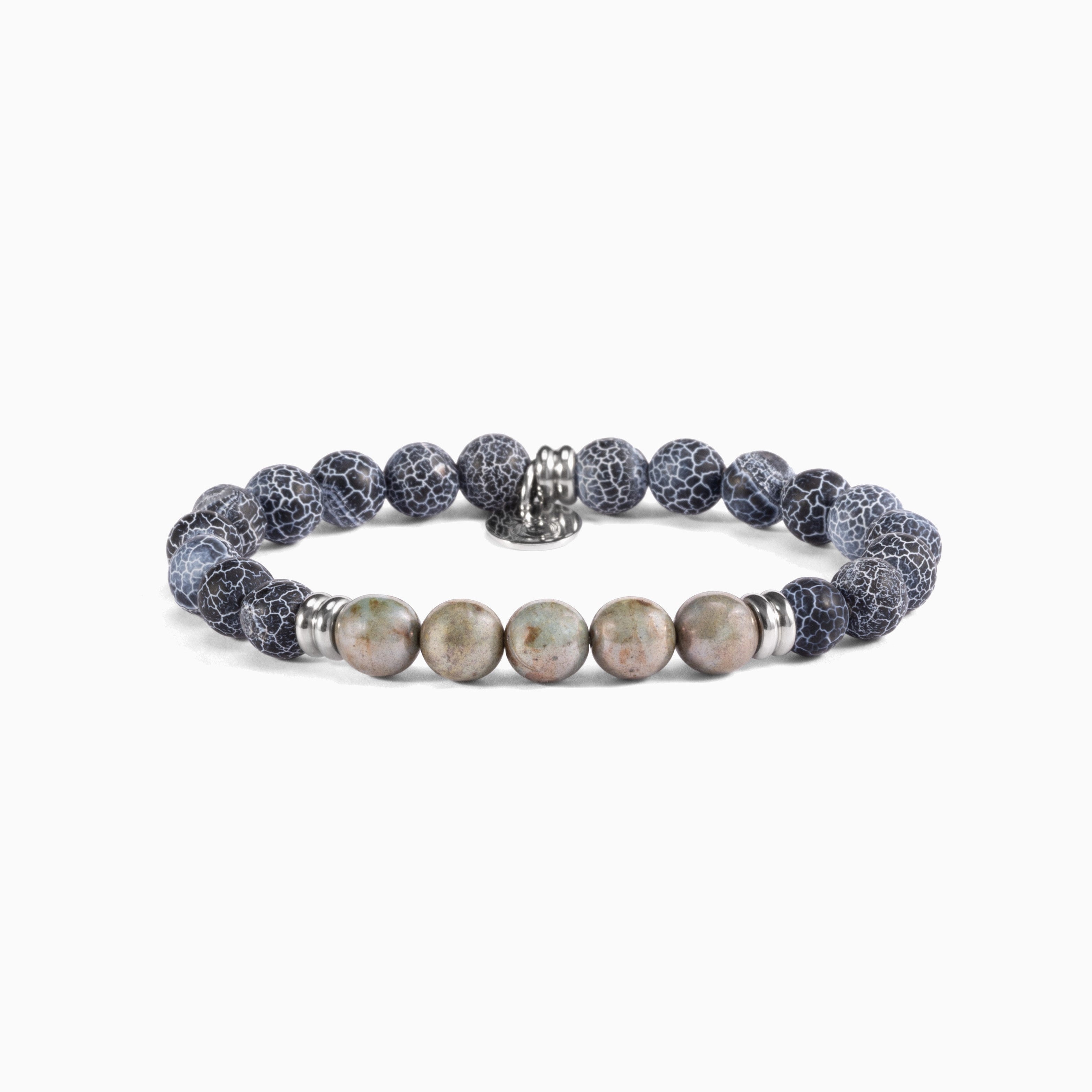 Etna Collection men's bracelet with lava stone and agate beads, stainless steel and brass accents, adjustable fit, contemporary Italian design — detail of the beads.