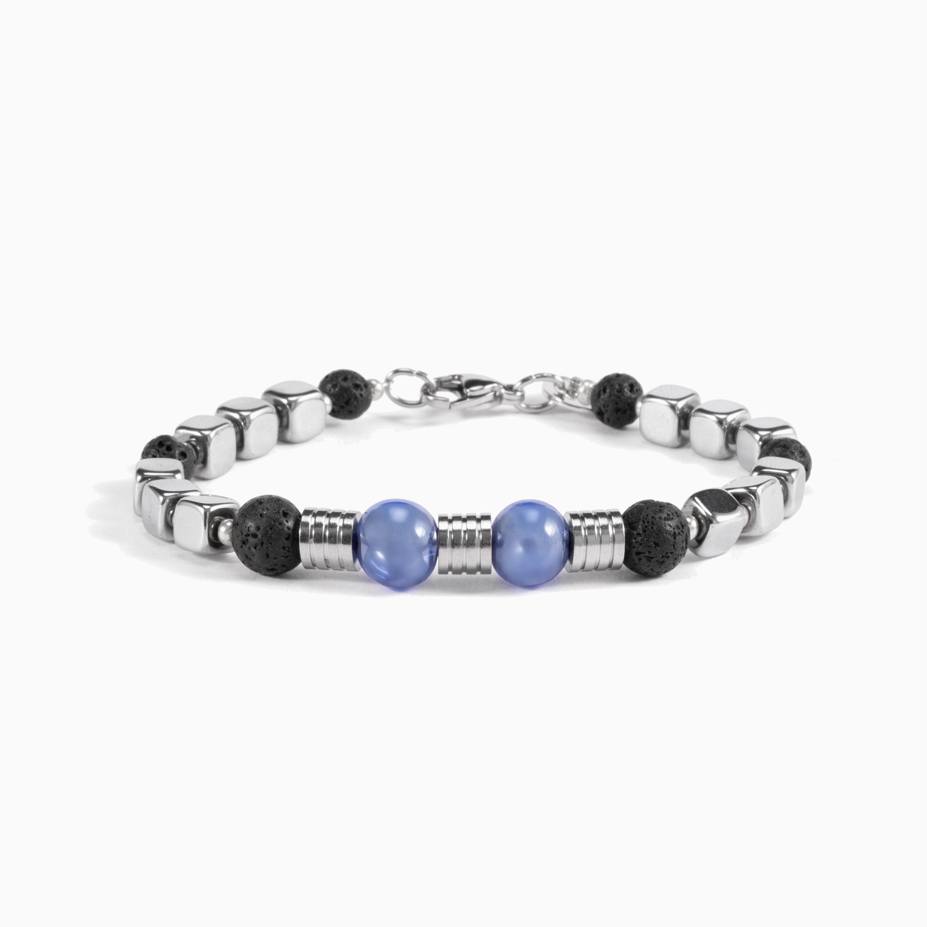 Lagrein Collection - Murano Glass Bracelet with silver, black, and purple beads on a white background
