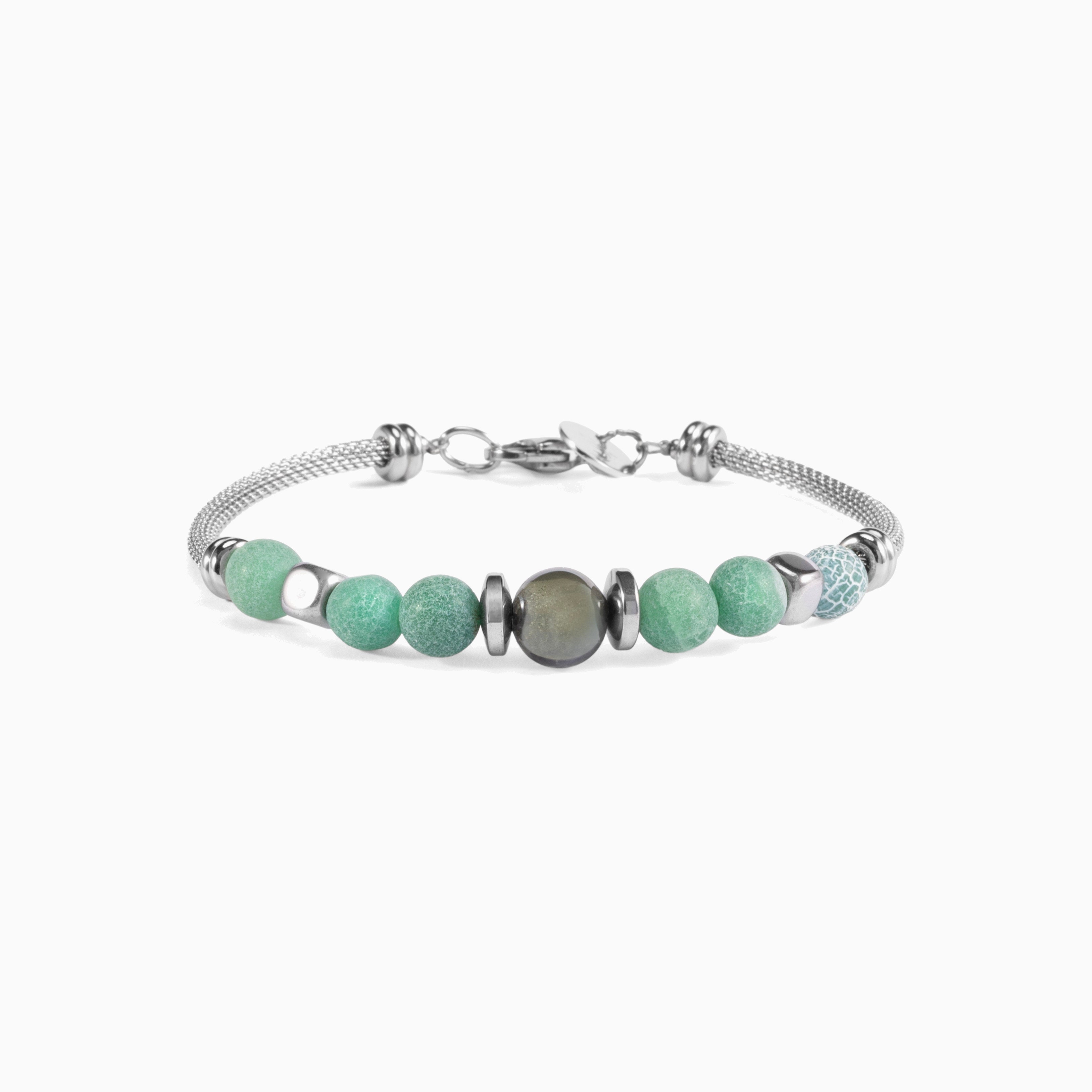 Diamante Collection men's bracelet with Agate, Hematite, stainless steel mesh and silicone support, 20 cm length, contemporary Italian design.