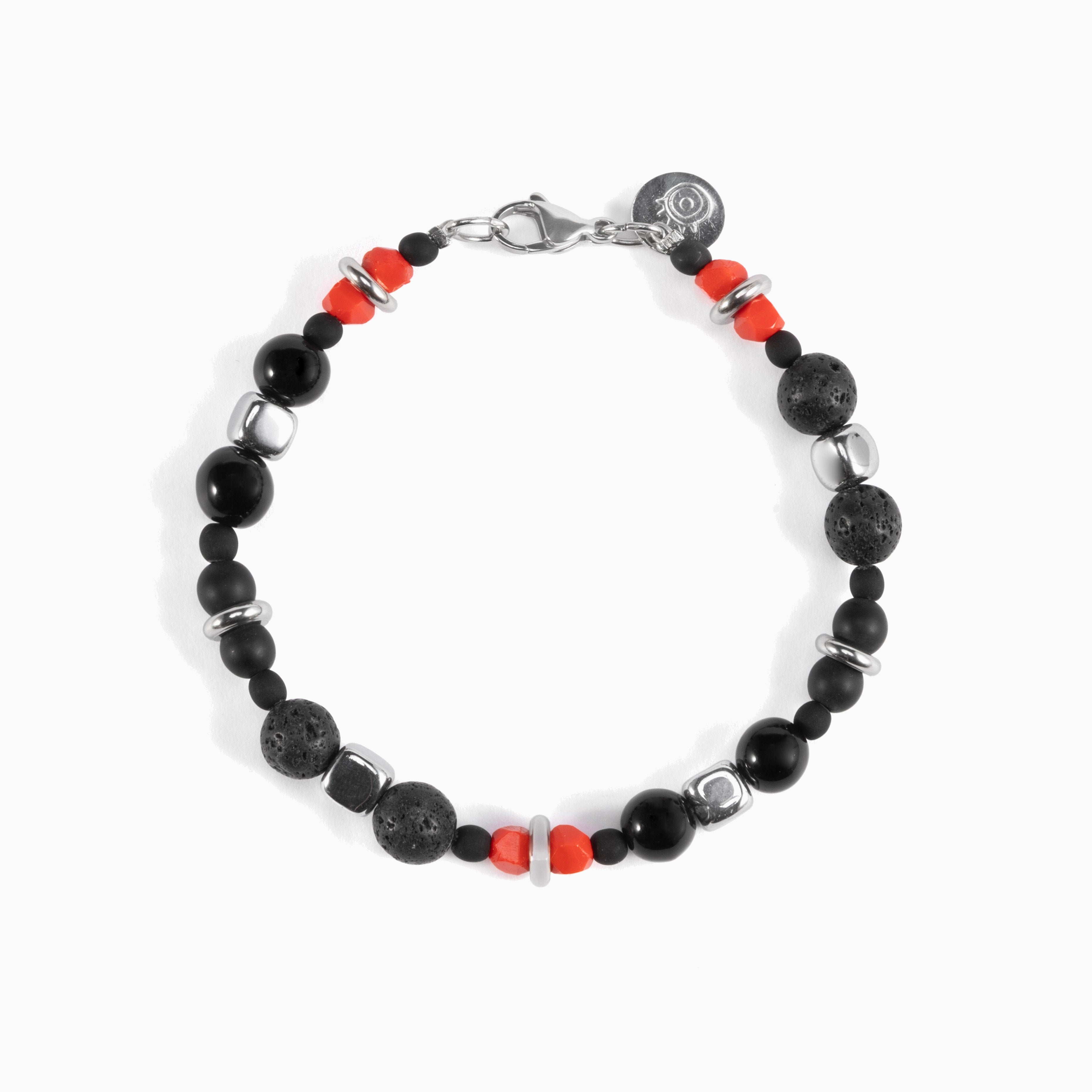 Borghese men’s bracelet with hematite and lava stone, rhodium finish over stainless steel and brass, 20 cm length, contemporary Italian design.