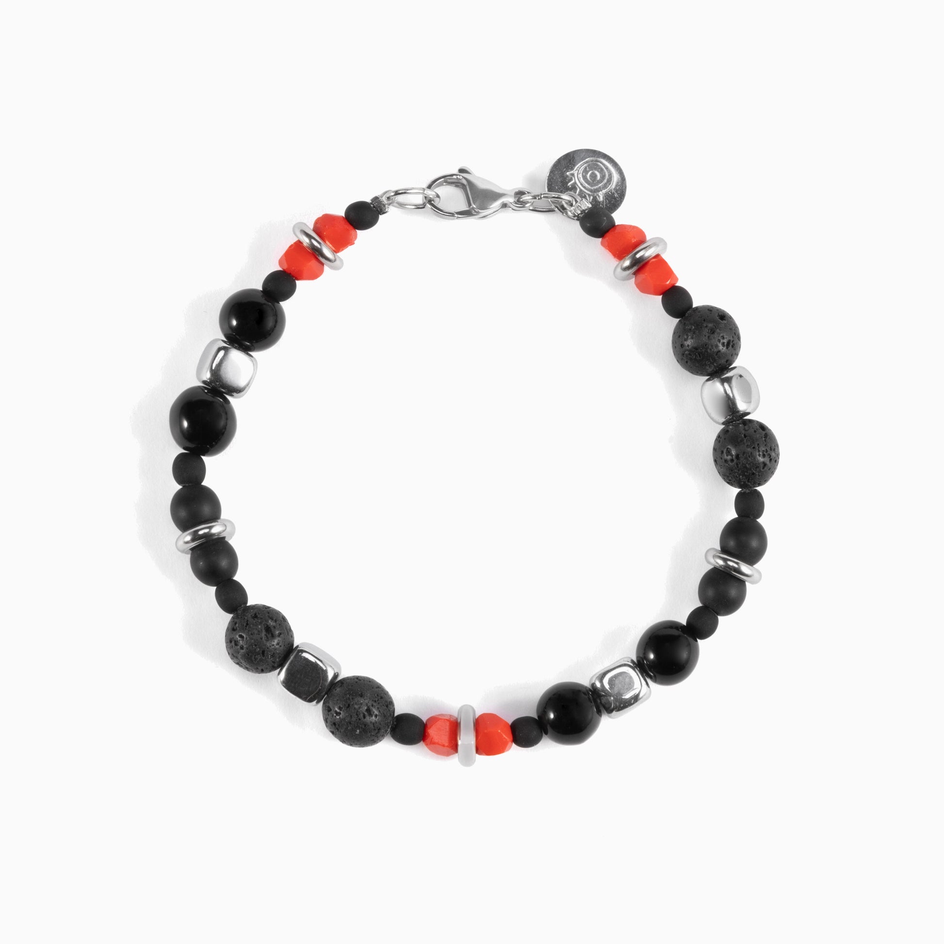 Borghese men’s bracelet with hematite and lava stone, rhodium finish over stainless steel and brass, 20 cm length, contemporary Italian design.