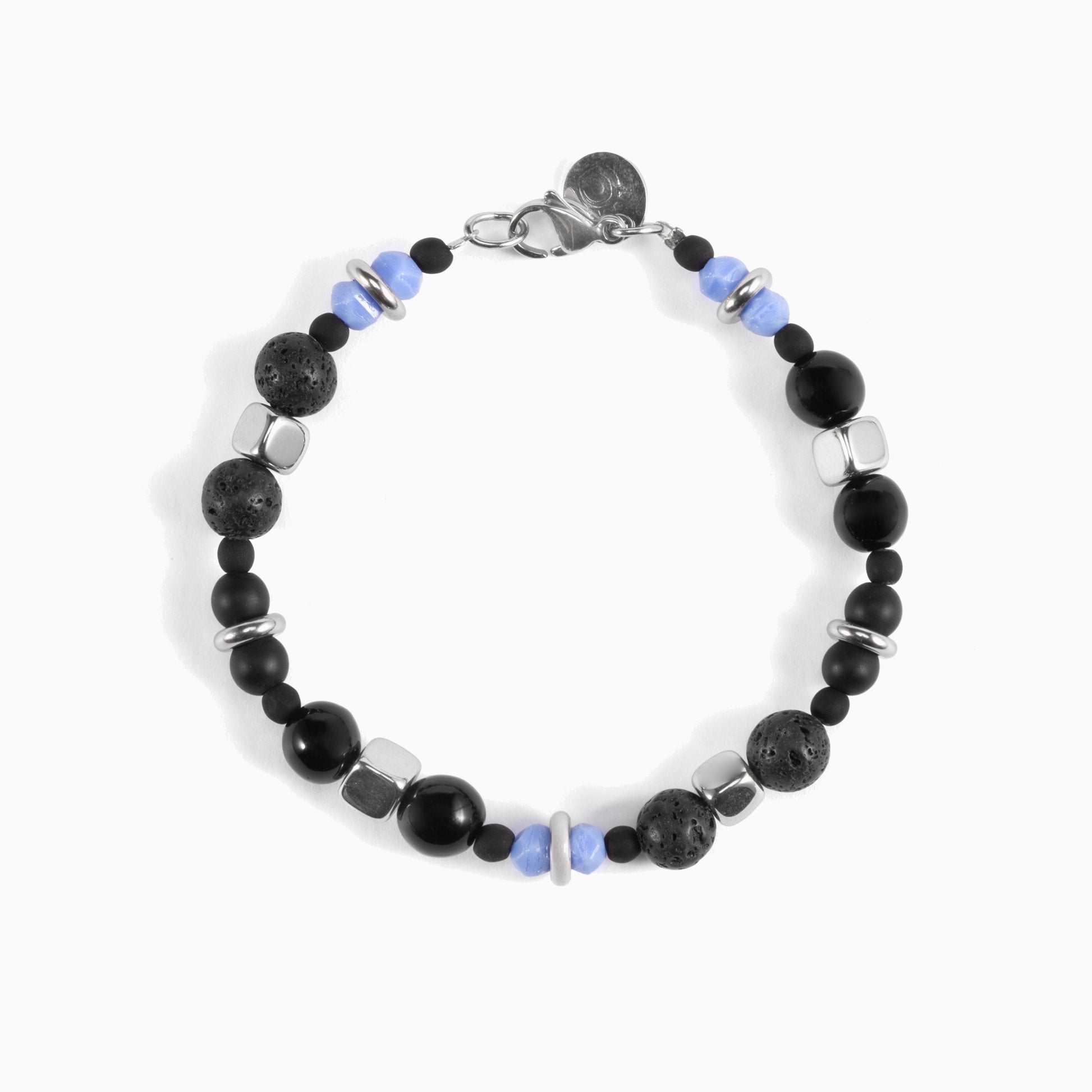 Borghese men’s bracelet with hematite and lava stone, rhodium finish over stainless steel and brass, 20 cm length, contemporary Italian design.