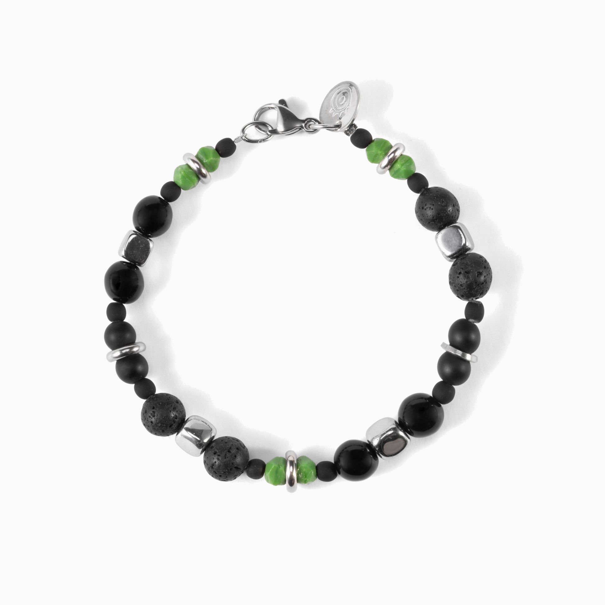 Borghese men’s bracelet with hematite and lava stone, rhodium finish over stainless steel and brass, 20 cm length, contemporary Italian design.