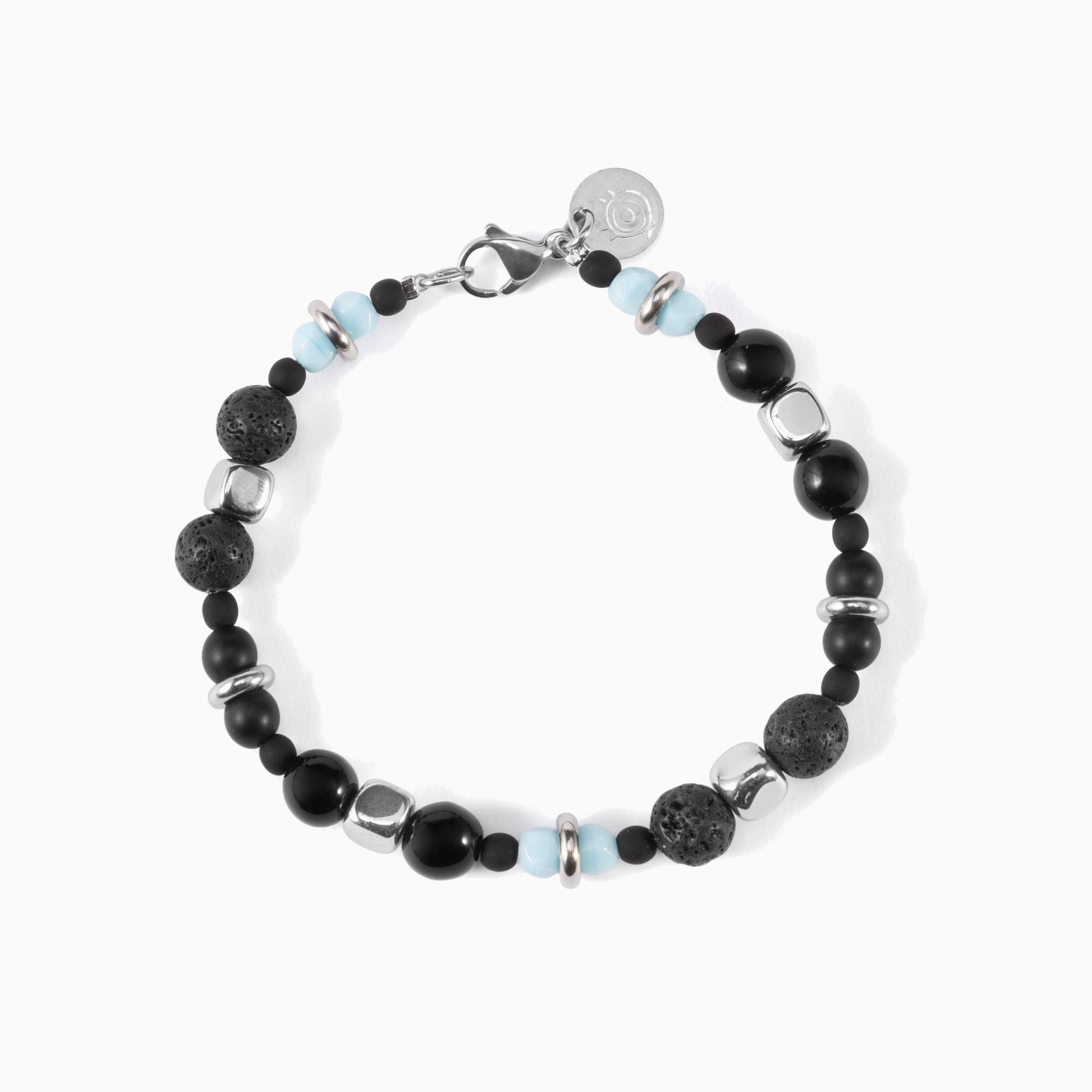 Borghese men’s bracelet with hematite and lava stone, rhodium finish over stainless steel and brass, 20 cm length, contemporary Italian design.