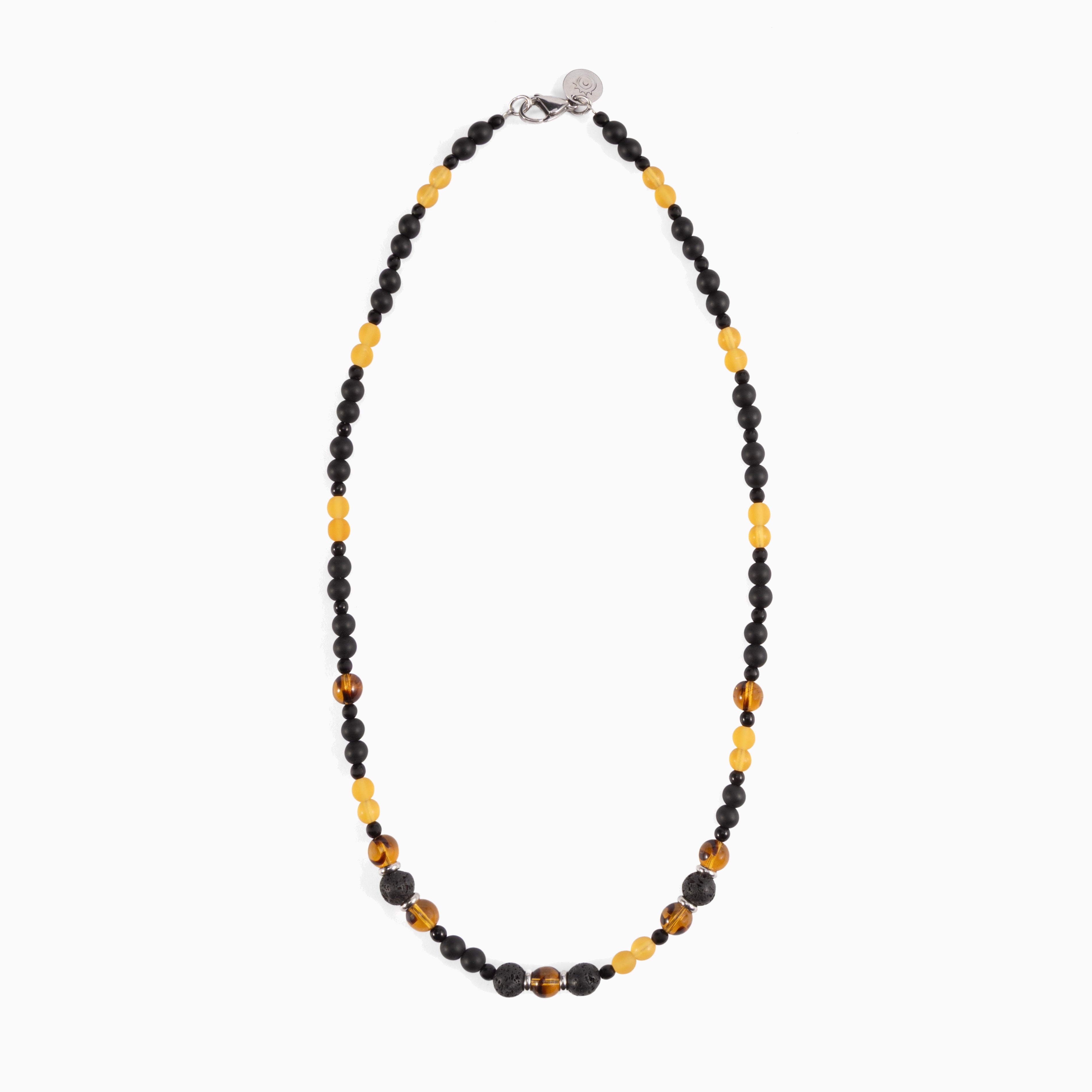 Glera Collection men’s necklace with lava stone beads and rhodium finish over stainless steel and brass, 50 cm length.