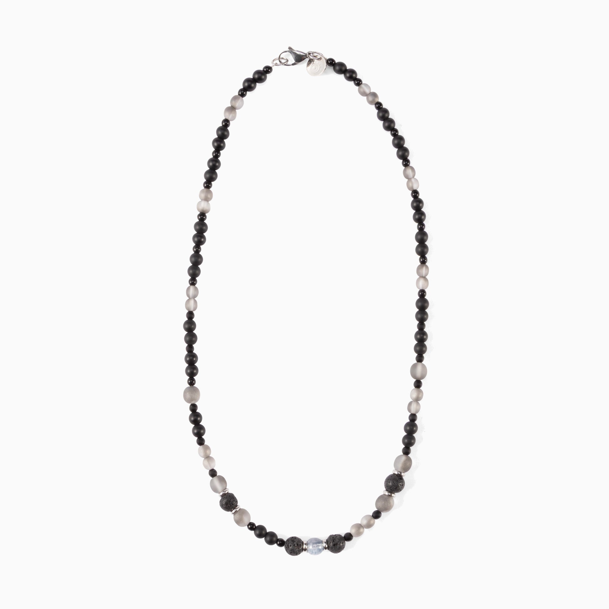 Glera Collection men's necklace with lava stone beads and rhodium finish over stainless steel and brass, 50 cm length — detail of the lava stone beads.