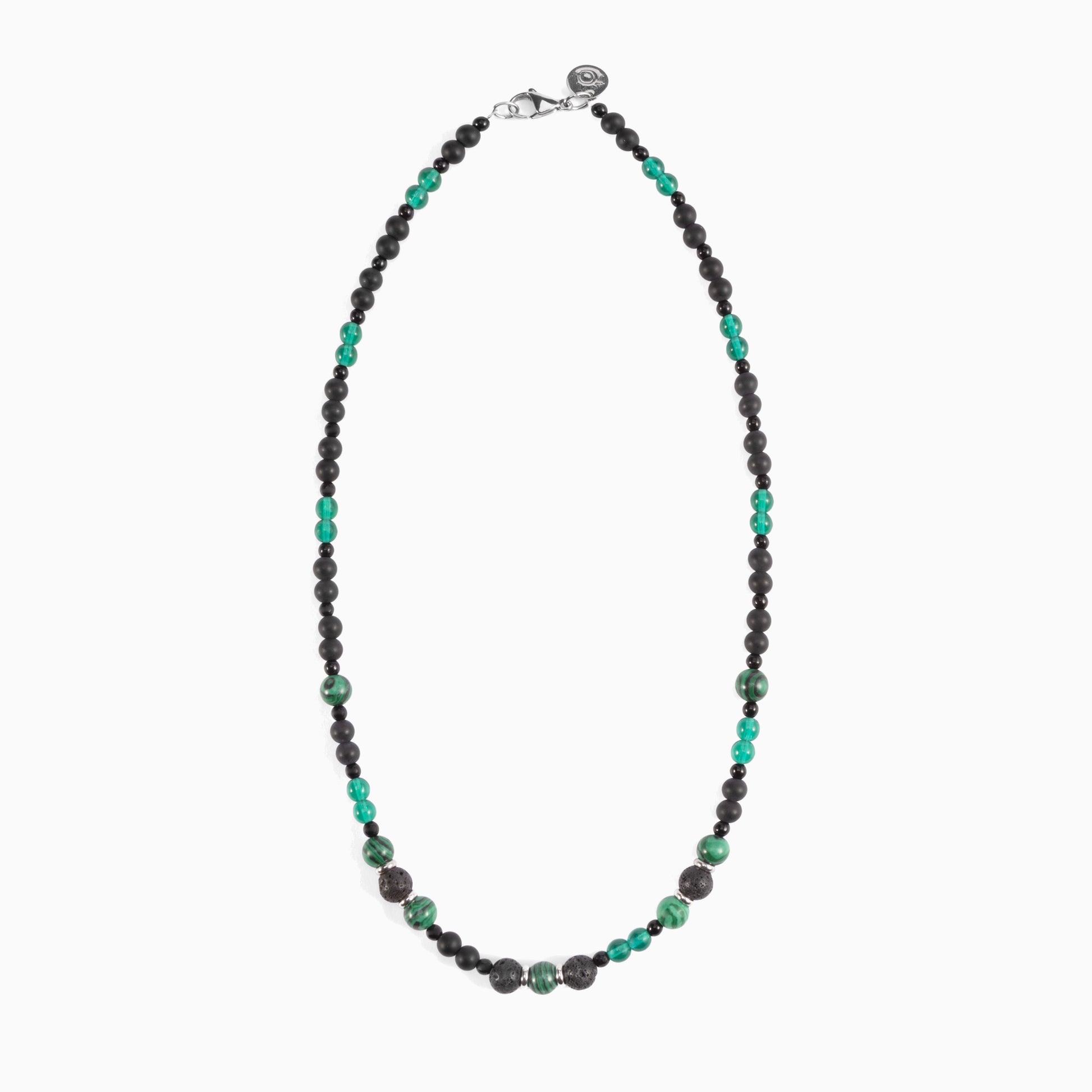 Glera Collection men's necklace with lava stone beads and rhodium finish over stainless steel and brass, 50 cm length — angled view.
