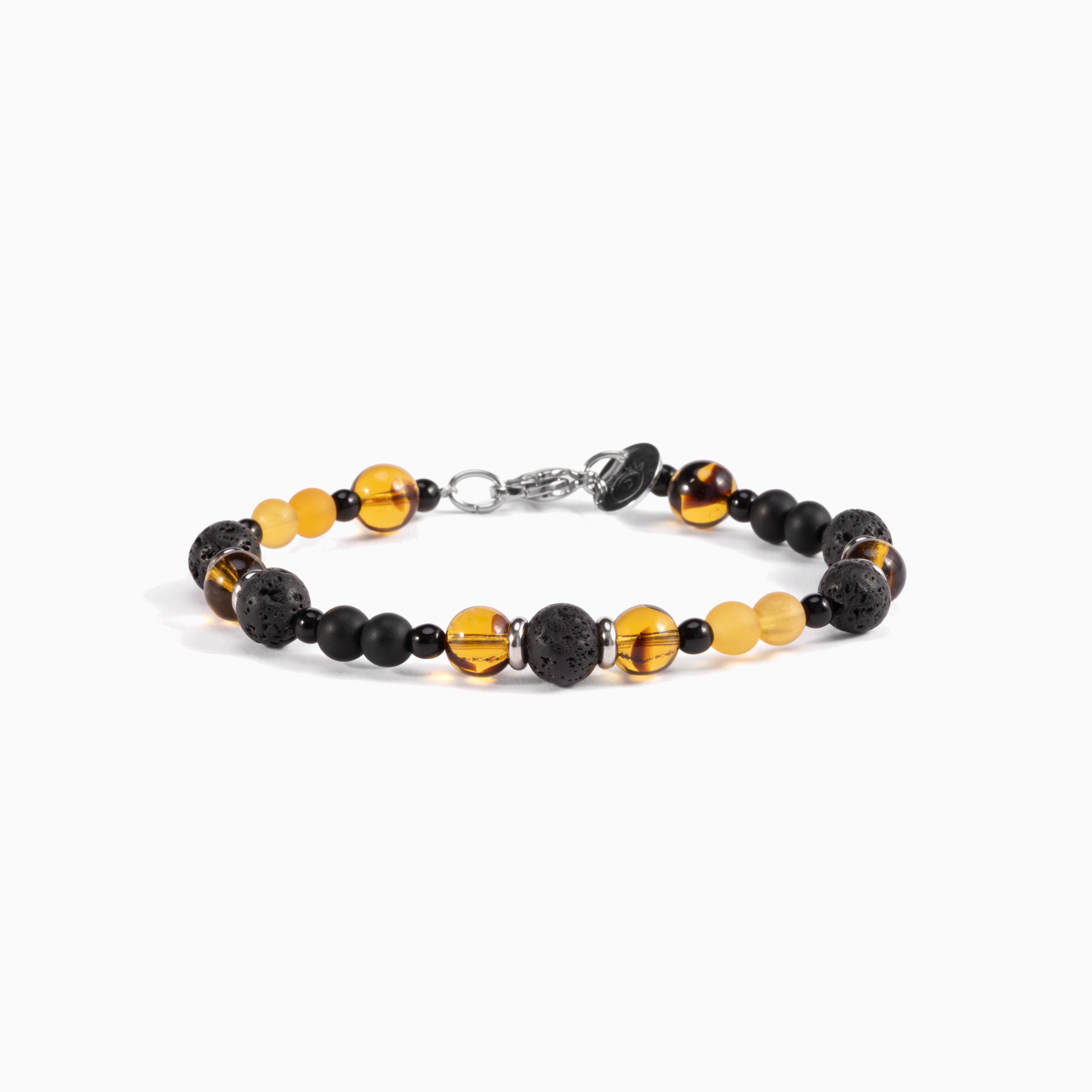 Glera Collection men’s bracelet with lava stone and malachite, rhodium finish over stainless steel and brass, 20 cm length.