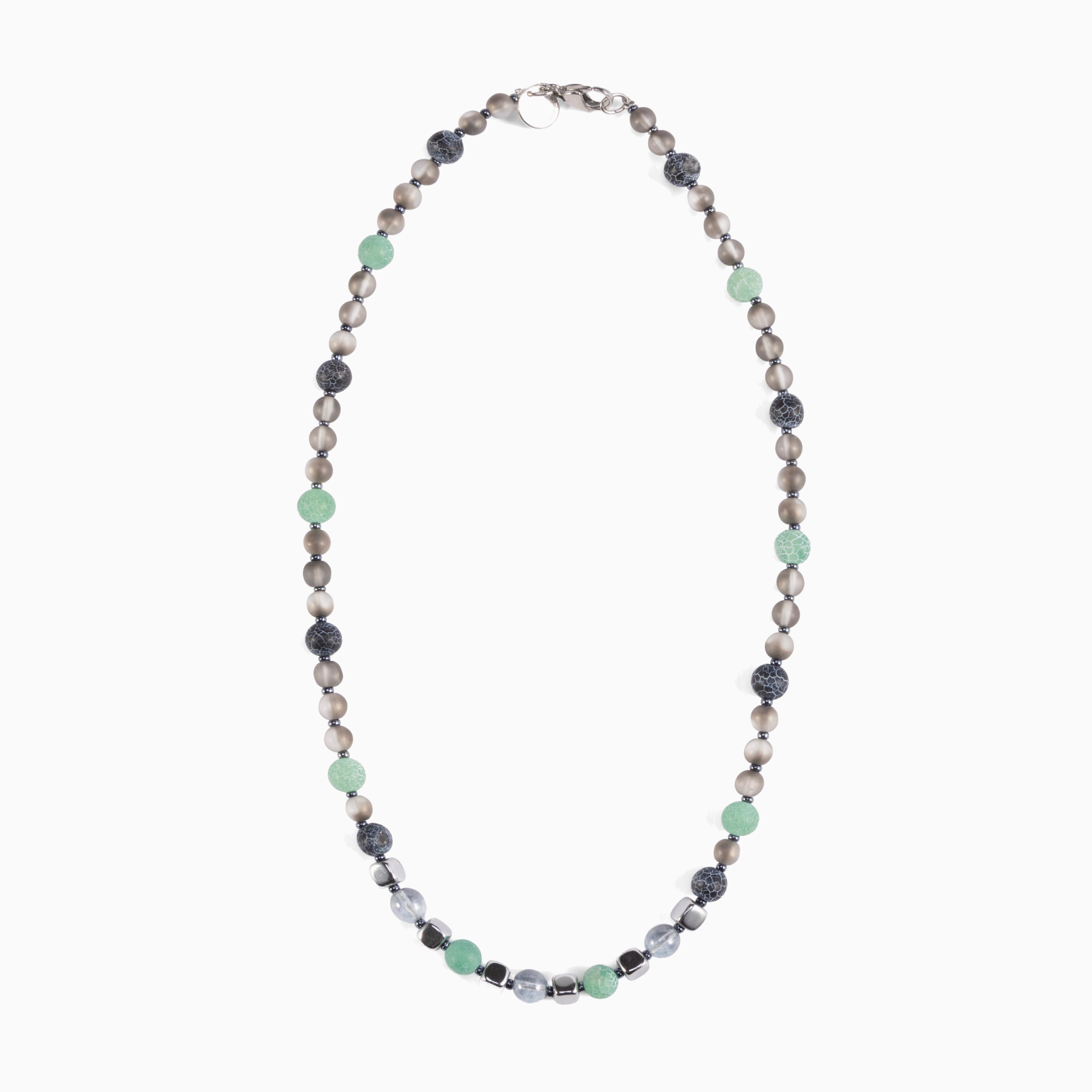 Babich men’s necklace with agate and hematite stones, stainless steel and brass elements, 19.7 inches length, contemporary Italian design.
