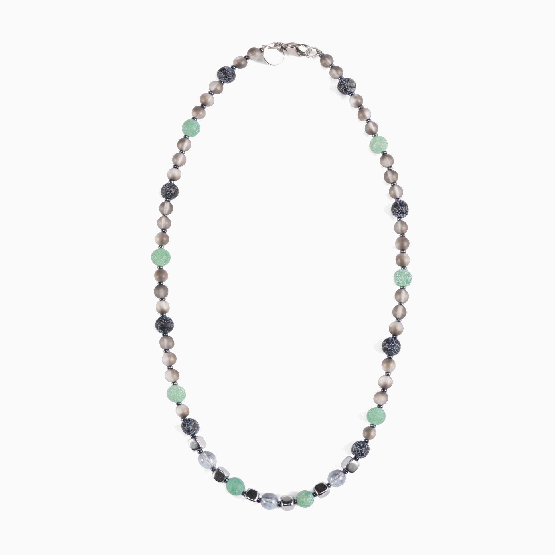 Babich men’s necklace with agate and hematite stones, stainless steel and brass elements, 19.7 inches length, contemporary Italian design.