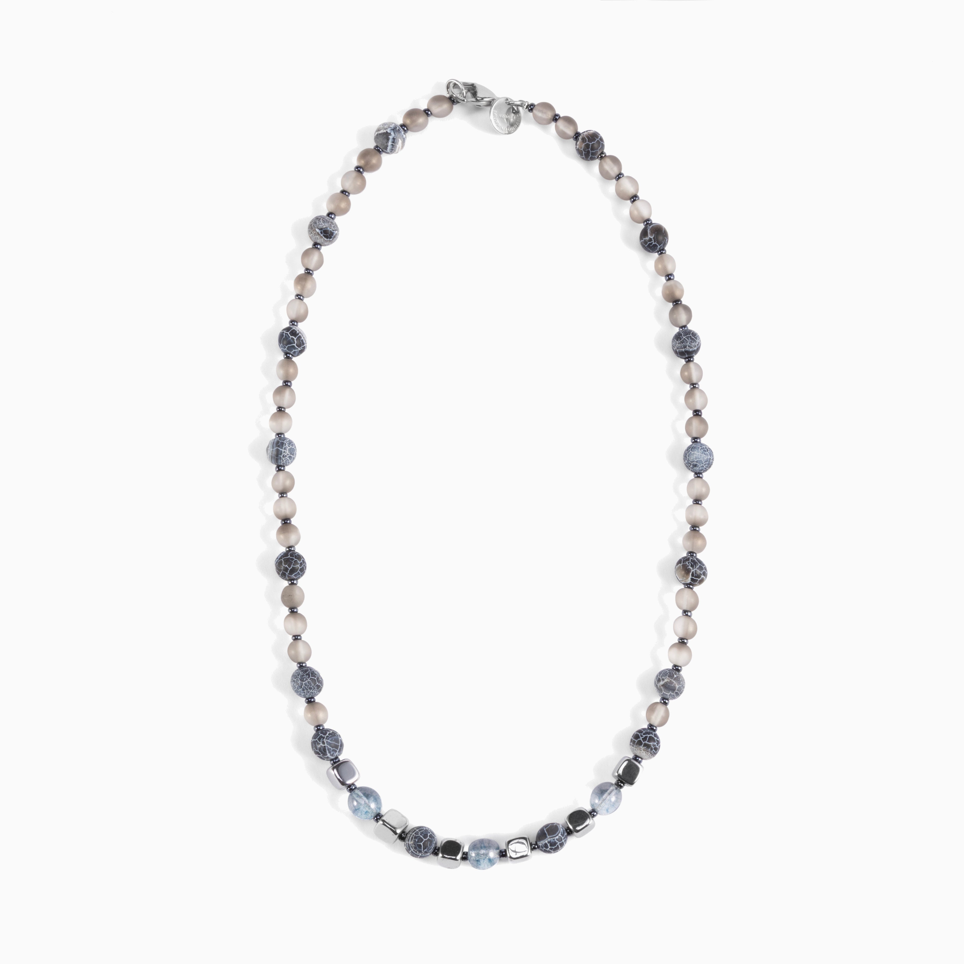 Babich men's necklace with agate and hematite stones, stainless steel and brass elements, 19.7 inches length, contemporary Italian design — side view.