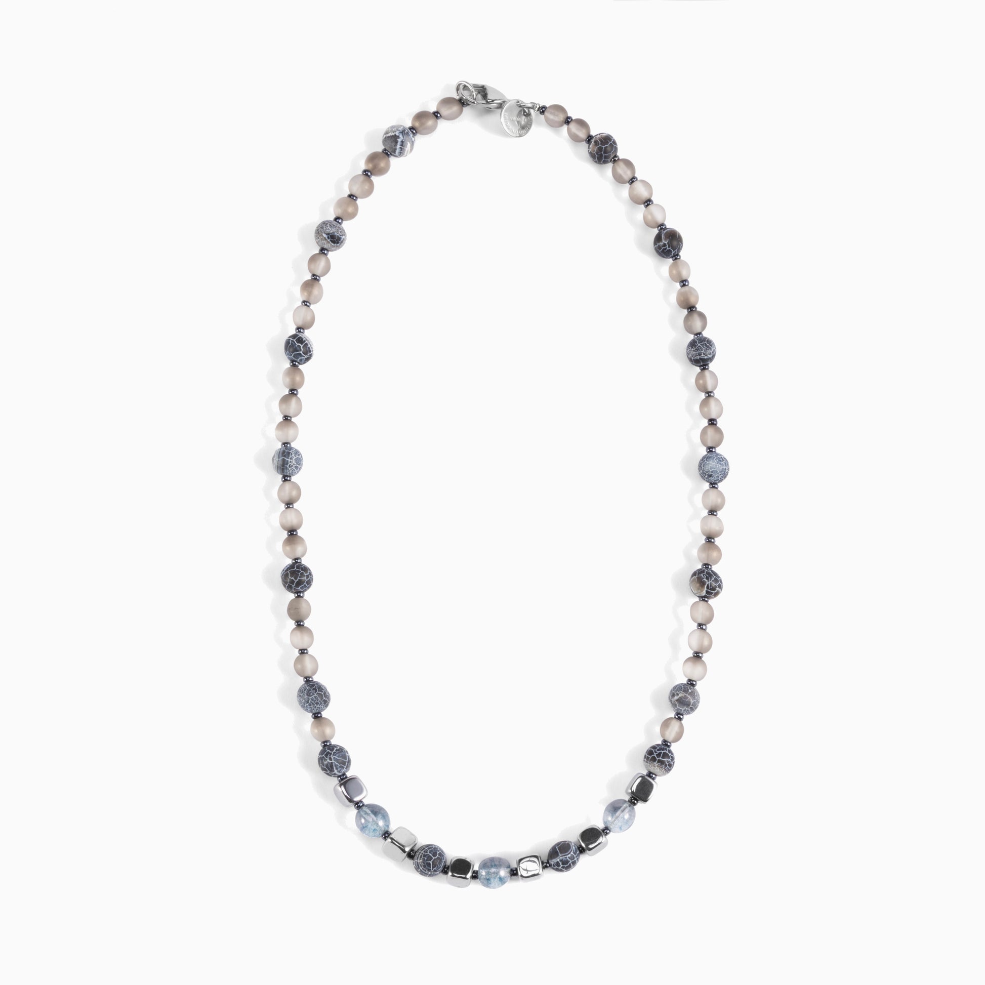 Babich men’s necklace with agate and hematite stones, stainless steel and brass elements, 19.7 inches length, contemporary Italian design.
