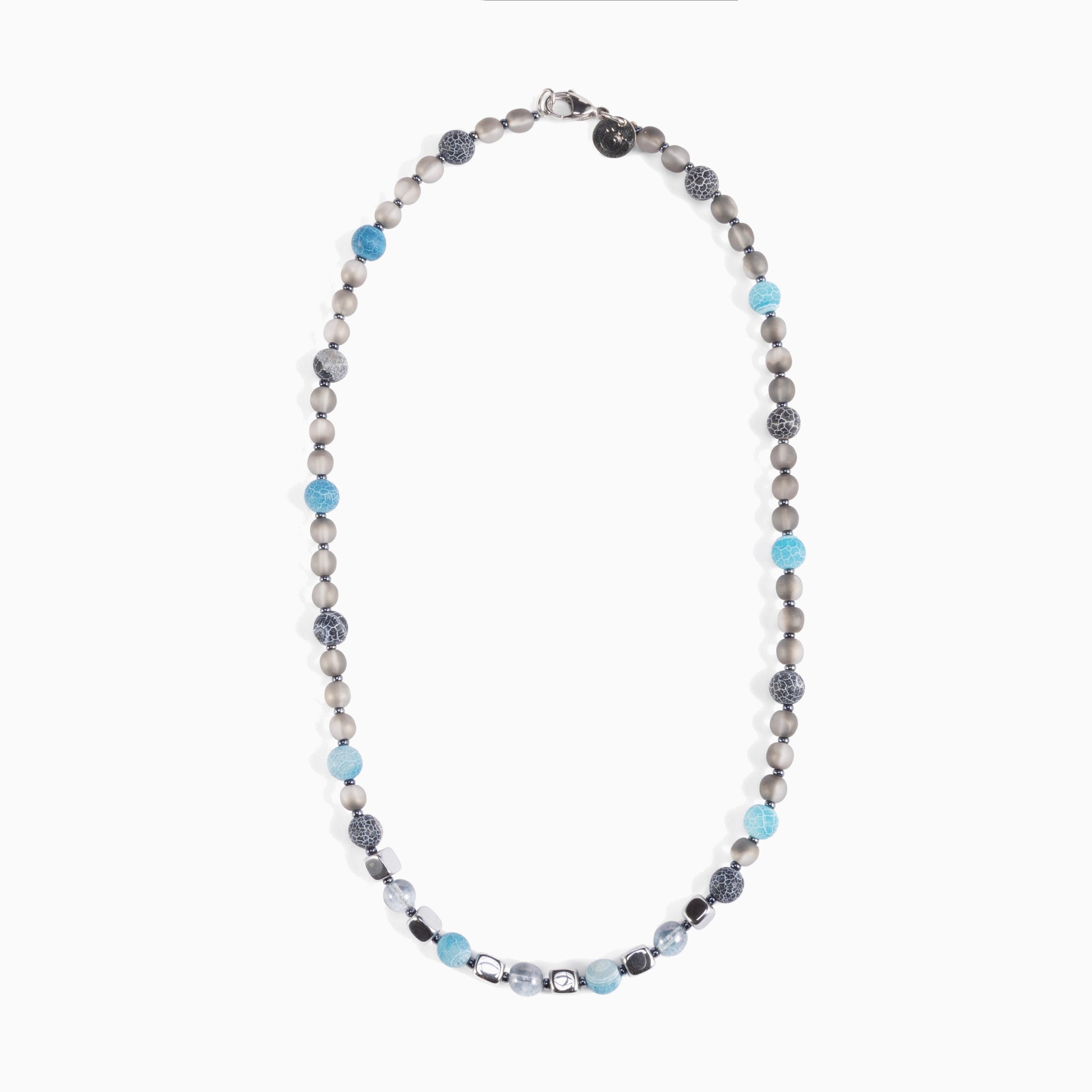 Babich men’s necklace with agate and hematite stones, stainless steel and brass elements, 19.7 inches length, contemporary Italian design.