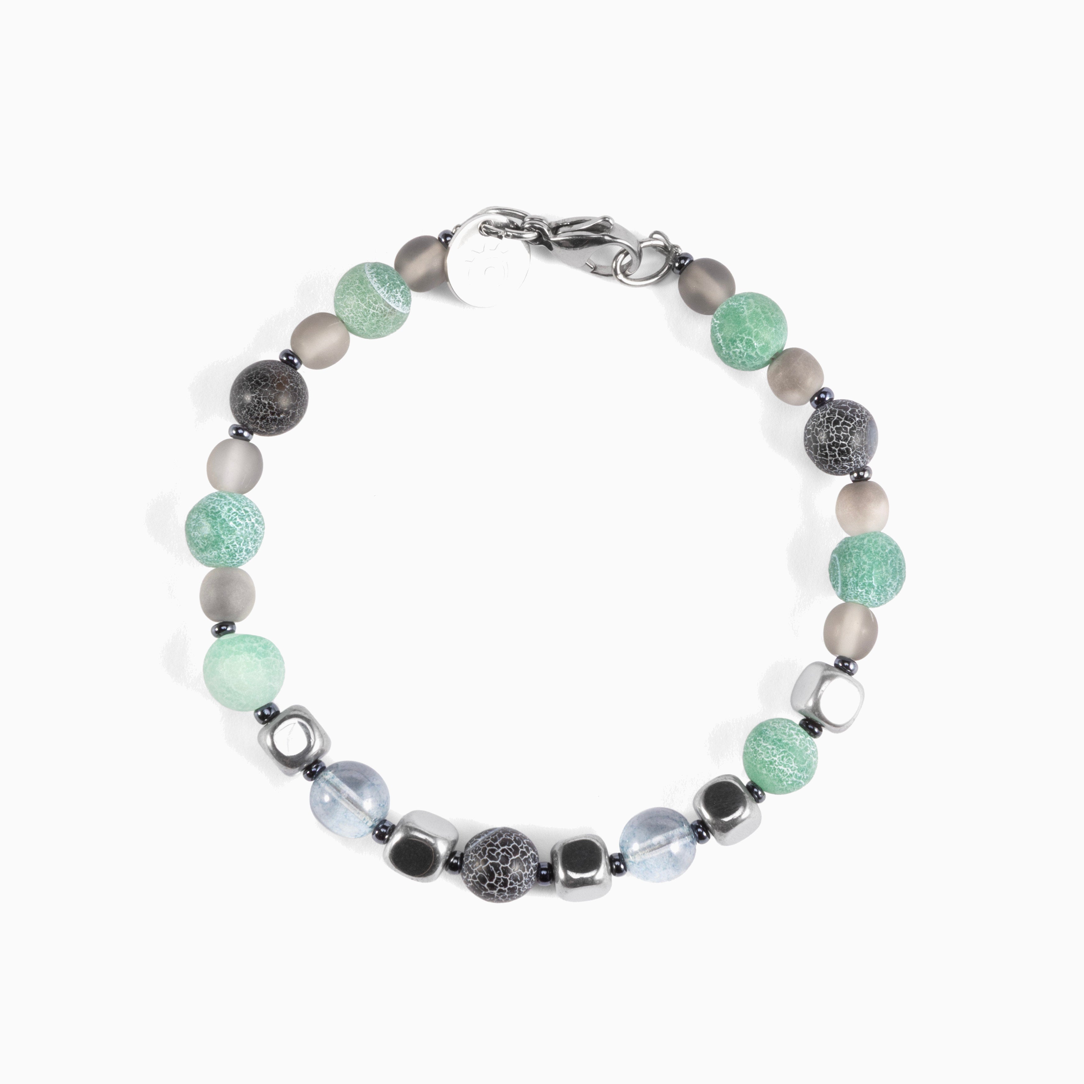 Babich men’s bracelet with agate and hematite stones, rhodium finish over stainless steel and brass, 7.9 inches, contemporary Italian design.