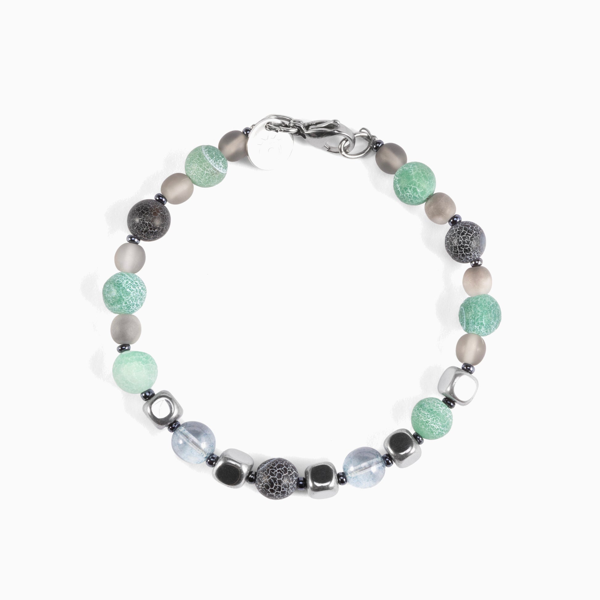 Babich men’s bracelet with agate and hematite stones, rhodium finish over stainless steel and brass, 7.9 inches, contemporary Italian design.
