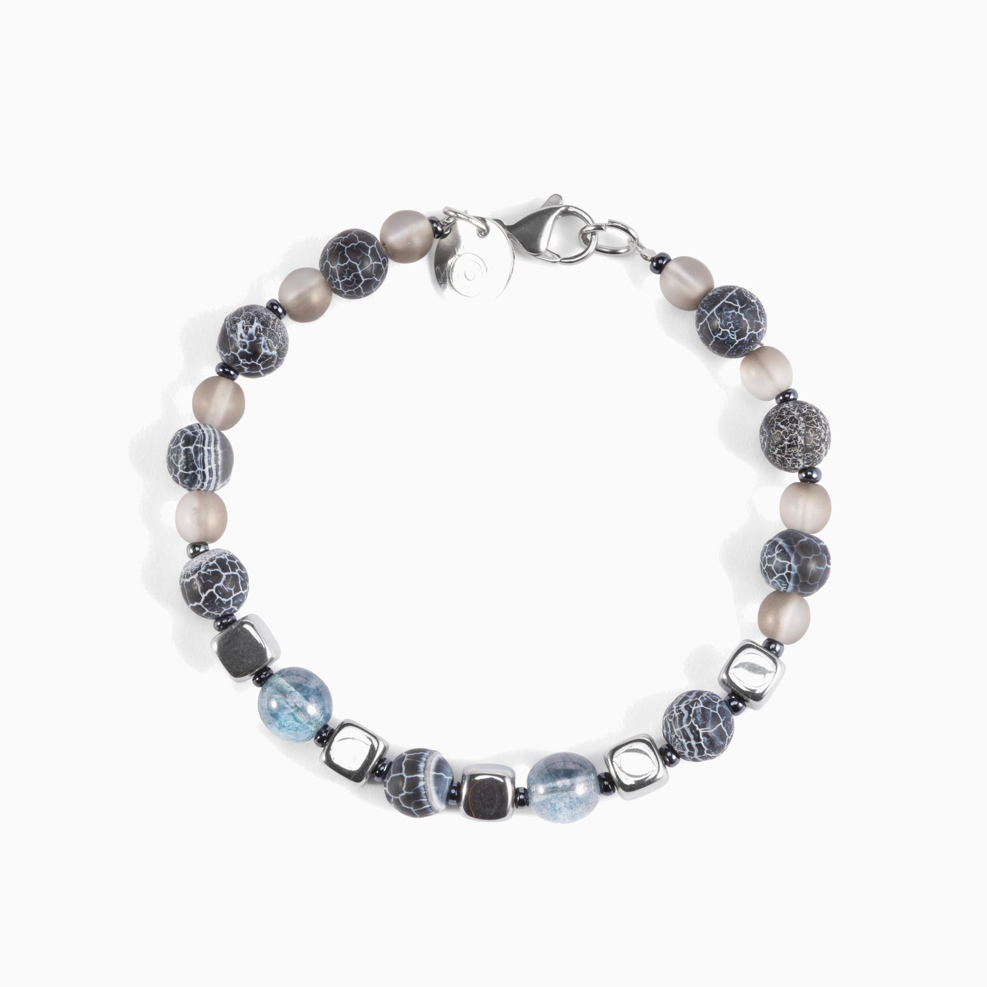 Babich men’s bracelet with agate and hematite stones, rhodium finish over stainless steel and brass, 7.9 inches, contemporary Italian design.