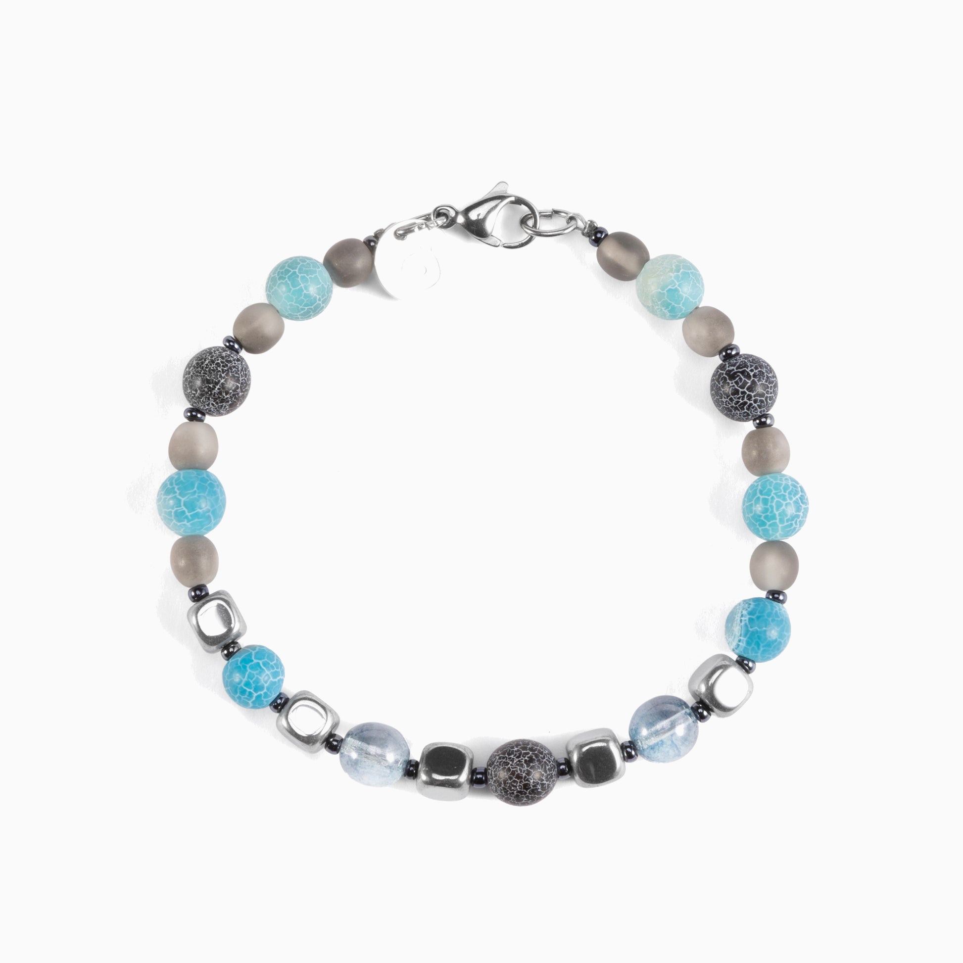 Babich men’s bracelet with agate and hematite stones, rhodium finish over stainless steel and brass, 7.9 inches, contemporary Italian design.