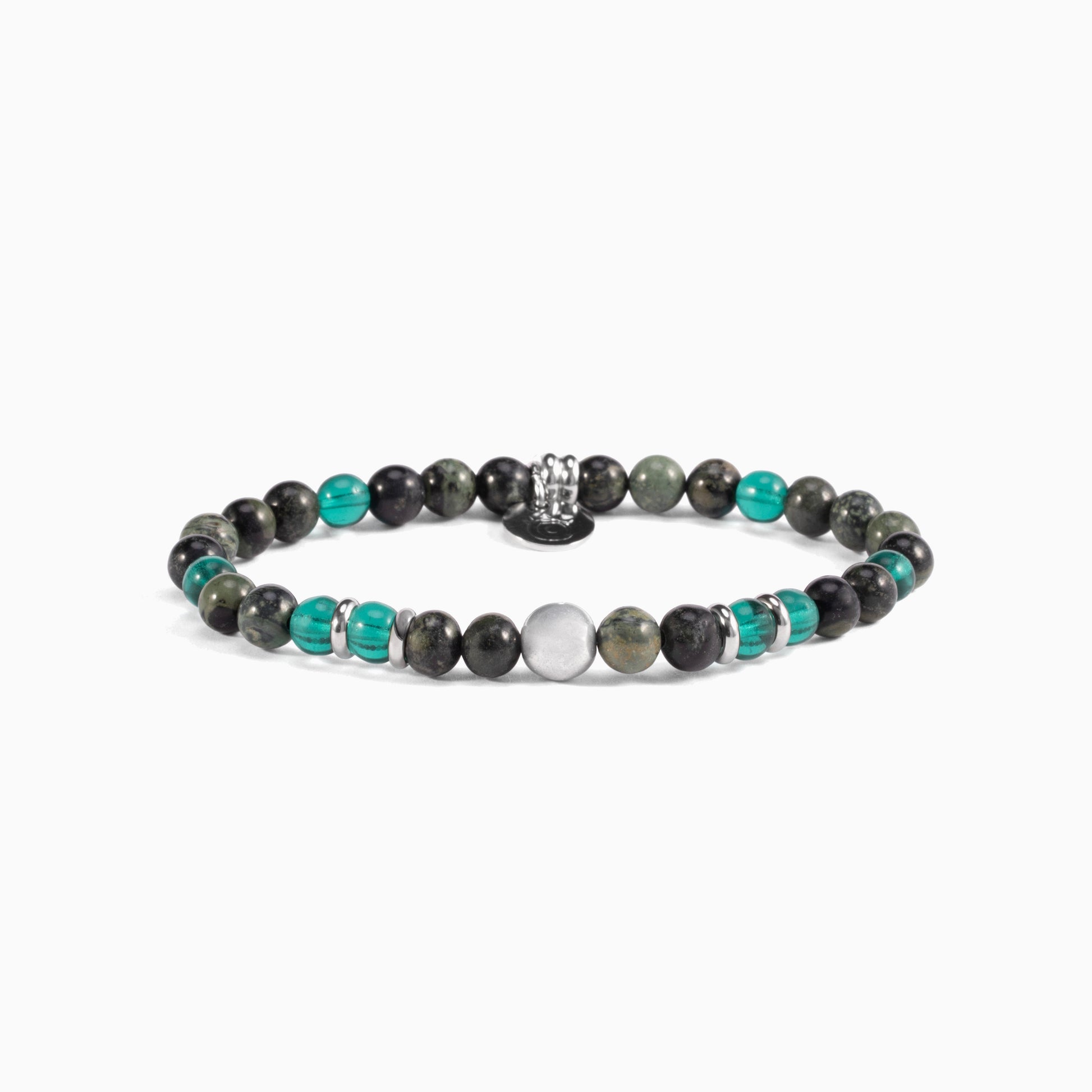 Husk Collection men's bracelet with tiger eye, jasper, labradorite and stainless steel, rhodium finish, adjustable length — detail of the beads.