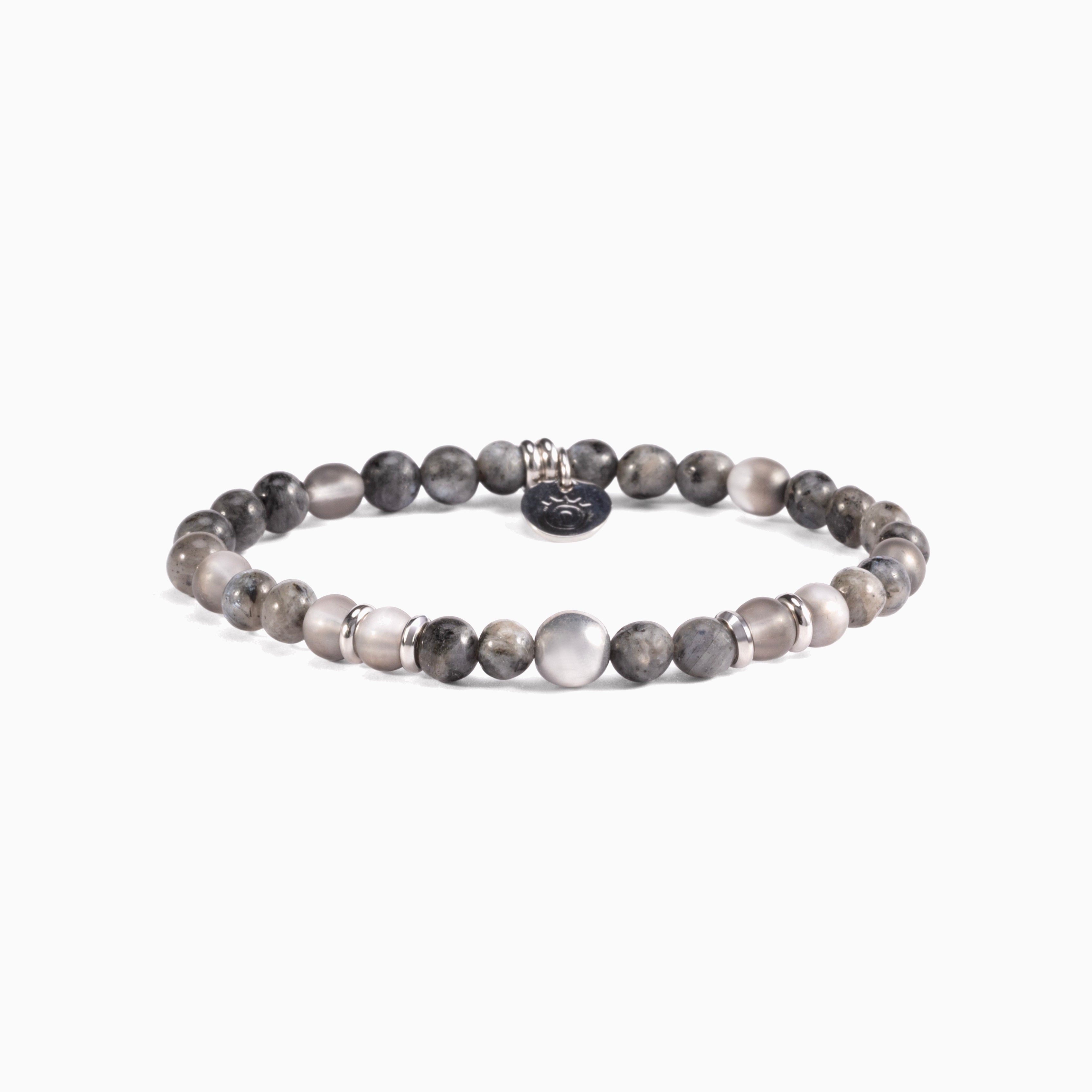 Husk Collection men's bracelet with tiger eye, jasper, labradorite and stainless steel, rhodium finish, adjustable length — close-up.