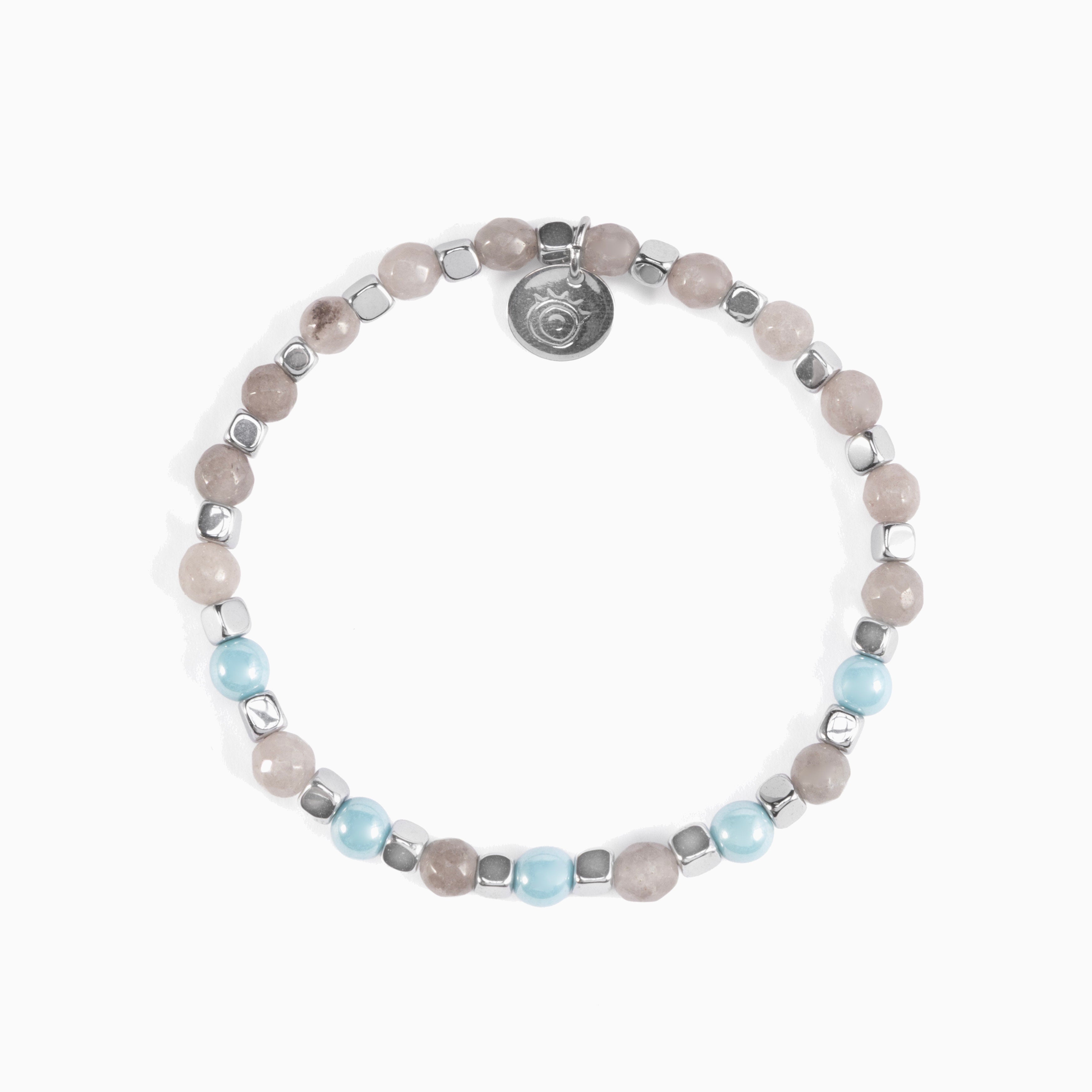 Riesi Collection - Murano Glass Beaded bracelet with gray and light blue beads on a white background