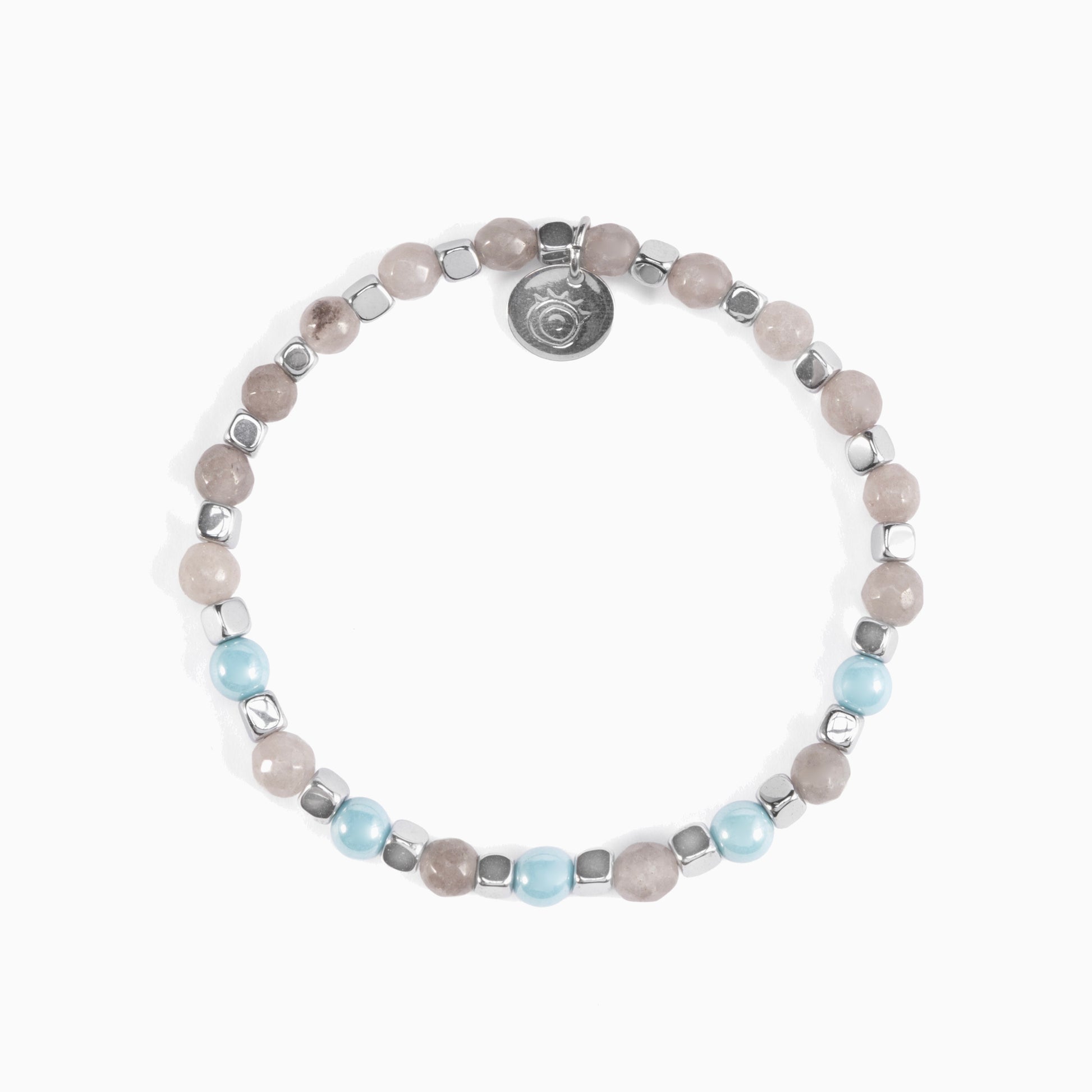 Riesi Collection - Murano Glass Beaded bracelet with gray and light blue beads on a white background